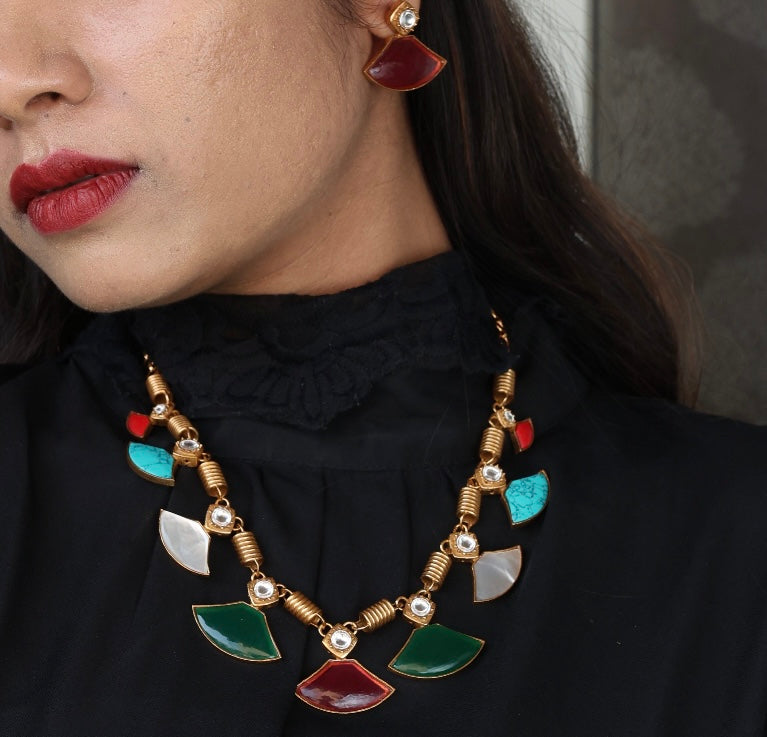 Statement necklace with multicolored enamel fan motifs and delicate crystal accents