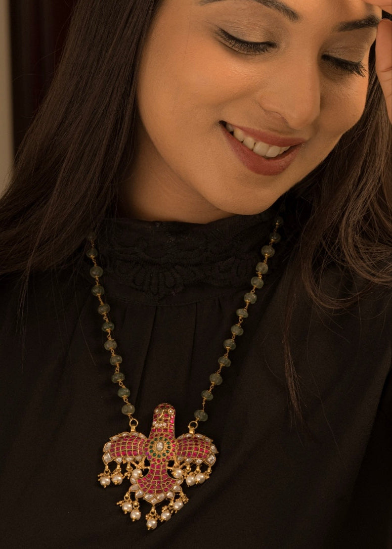 Eagle motif necklace with intricate jadau pachi kundan design in gold finish