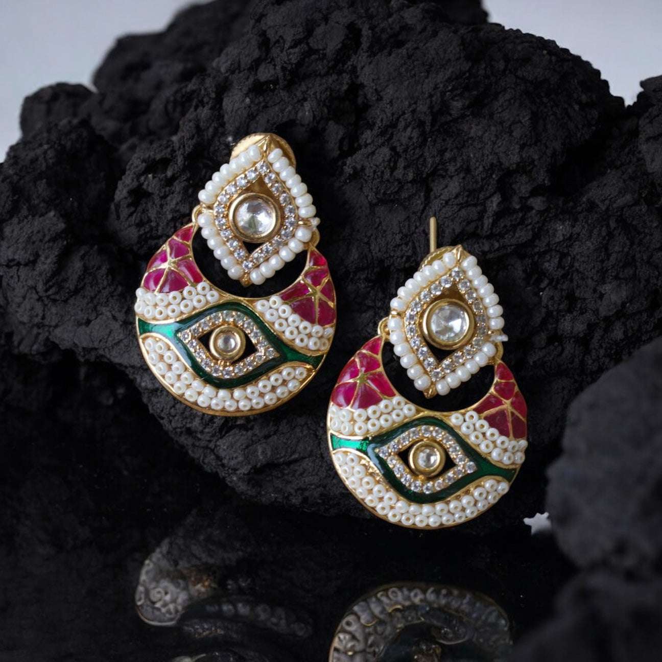 Handcrafted Kundan Polki Pearl Earrings Gold-Plated Ethnic Jewelry