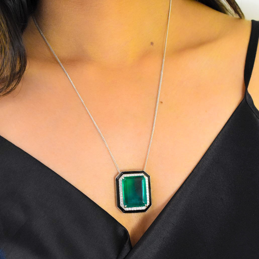 emerald doublet pendant with black enamel detailing, cz accents and matching oversized ring