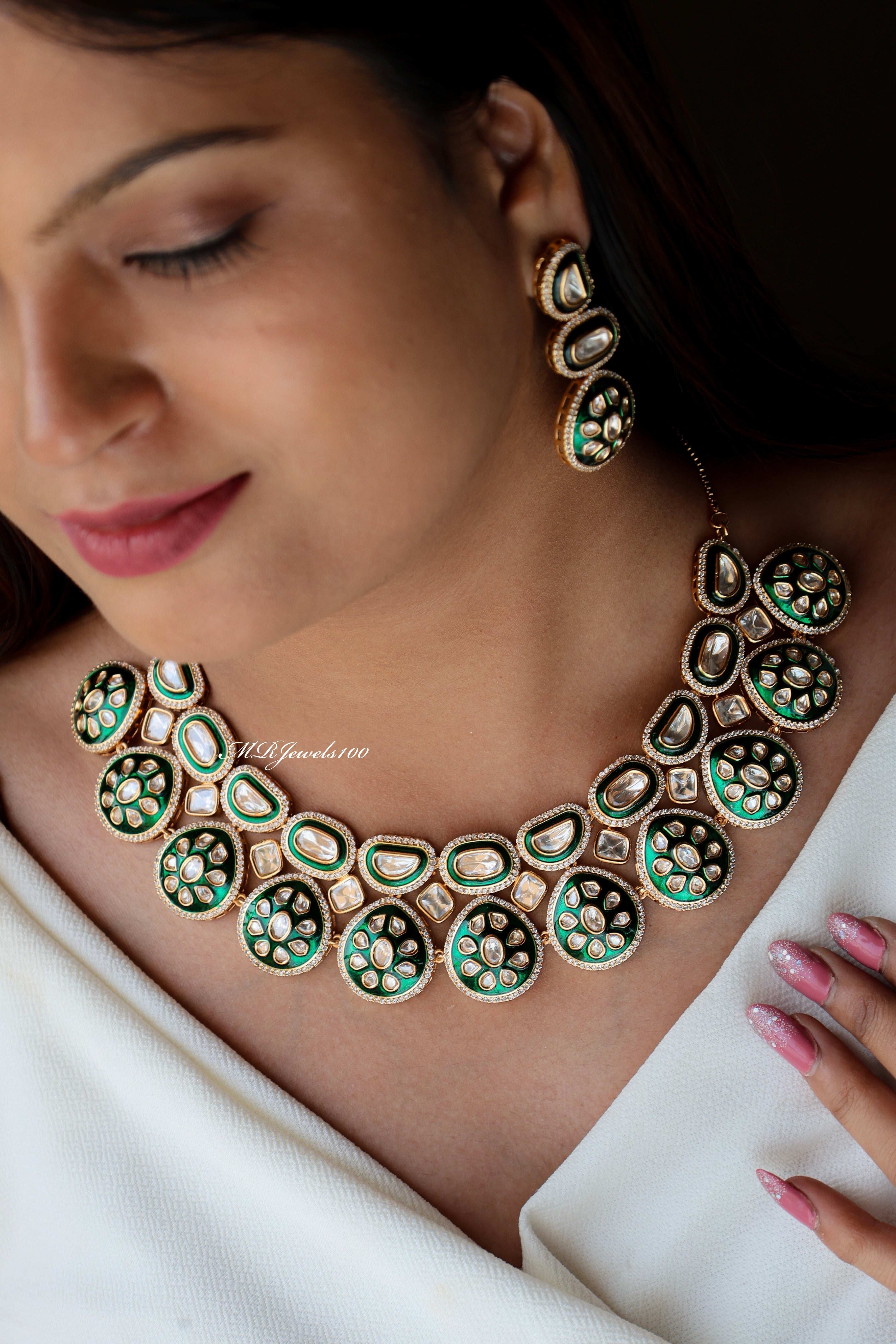 Aliya Meenakari Polki Set with matching Earrings and Maangtika