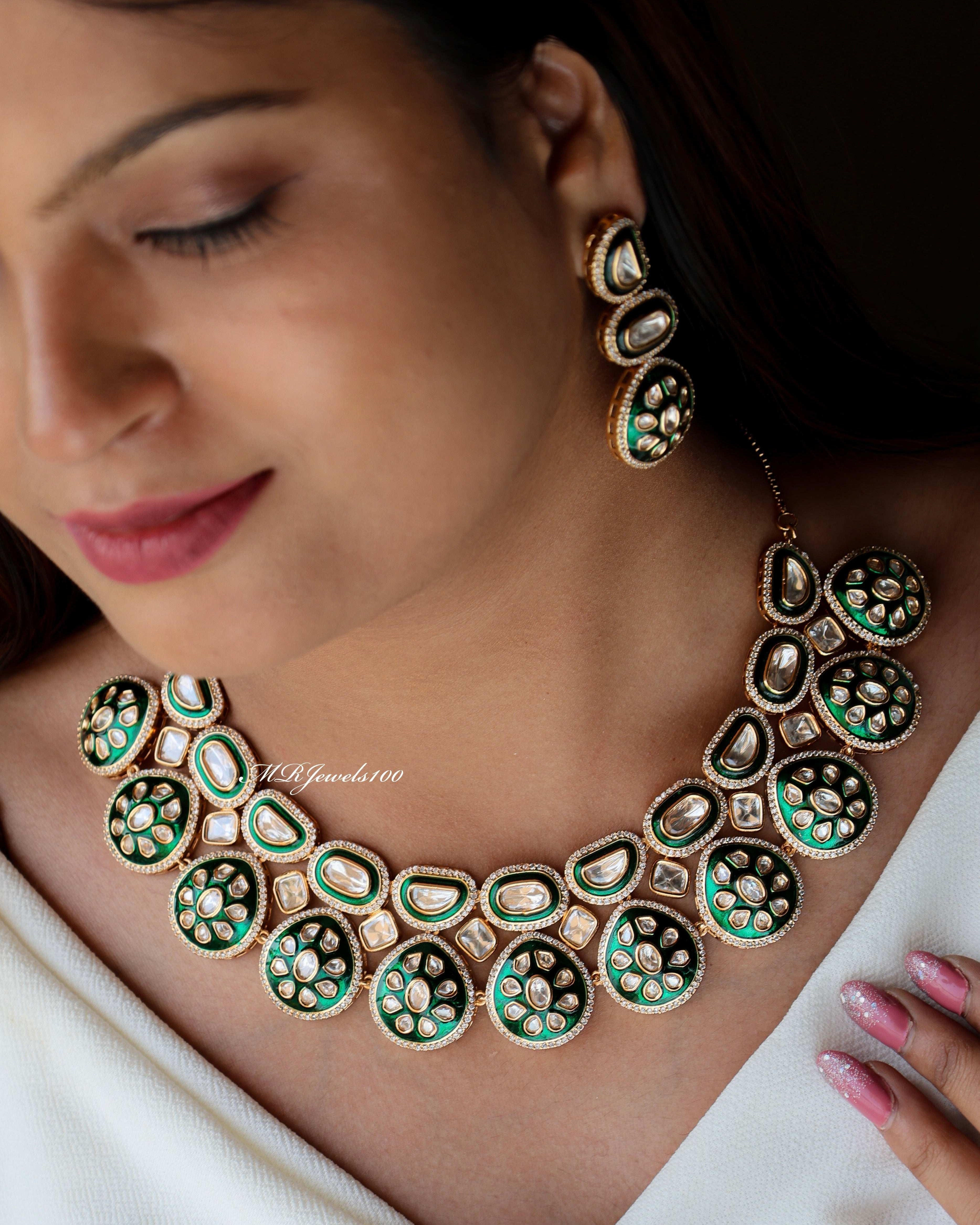 Aliya Meenakari Polki Set with matching Earrings and Maangtika