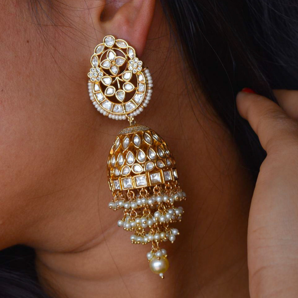 Kundan jhumka earrings with floral top and layered pearl tassels