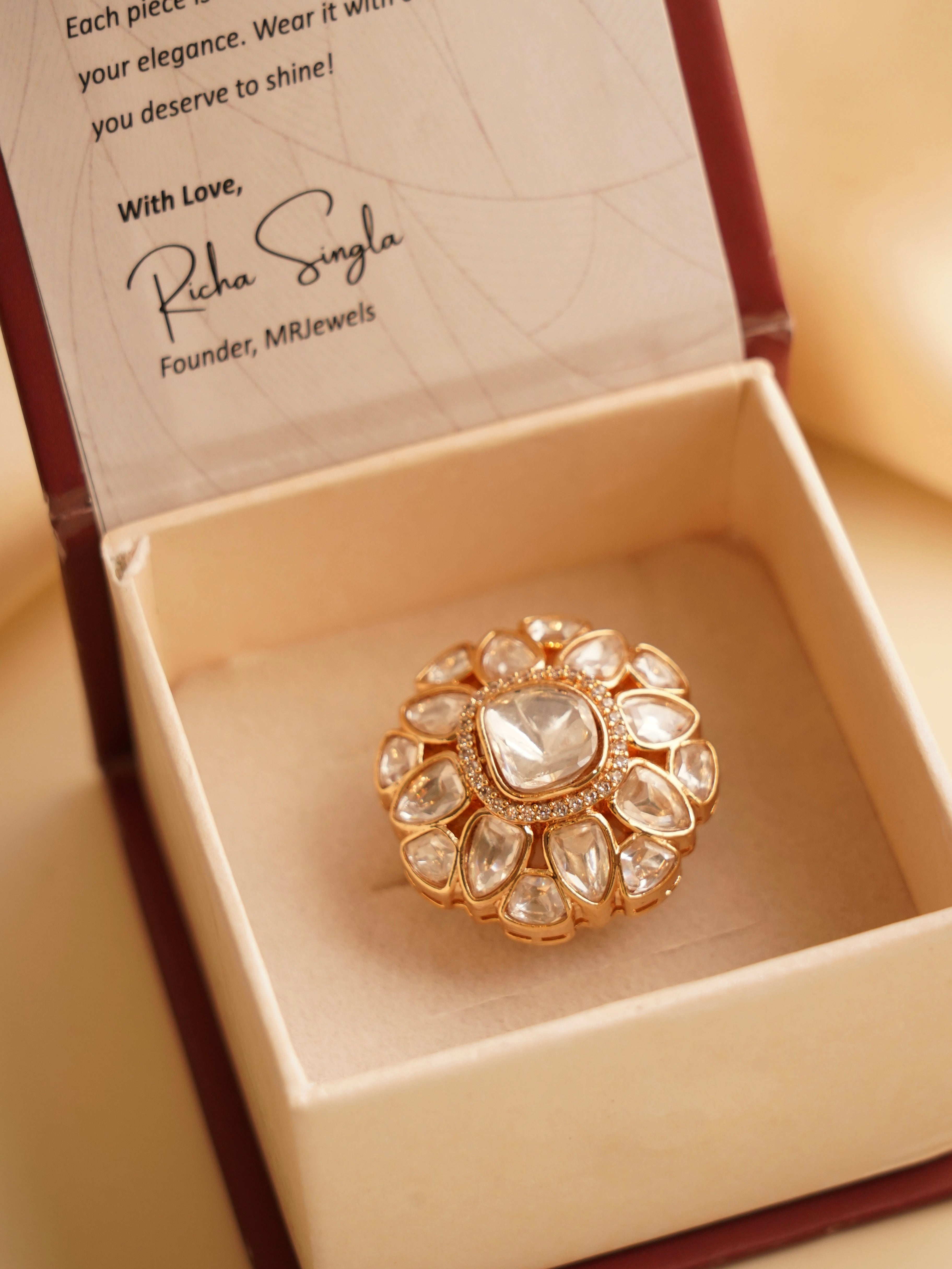 Side view showing dome profile and polished finish of kundan cocktail ring
