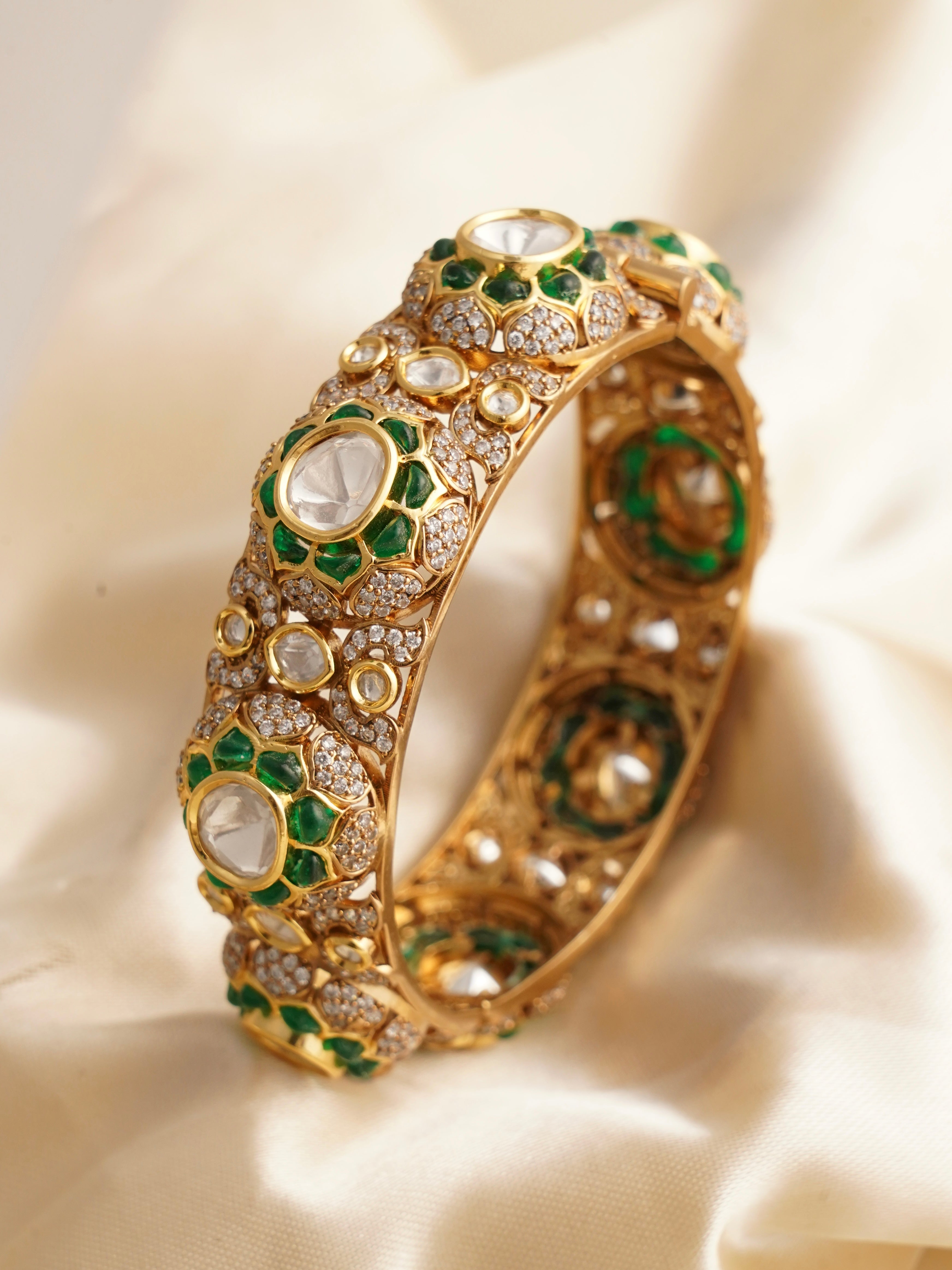 Polki kundan kada with meenakari enamel, CZ diamonds, and sculpted floral motifs