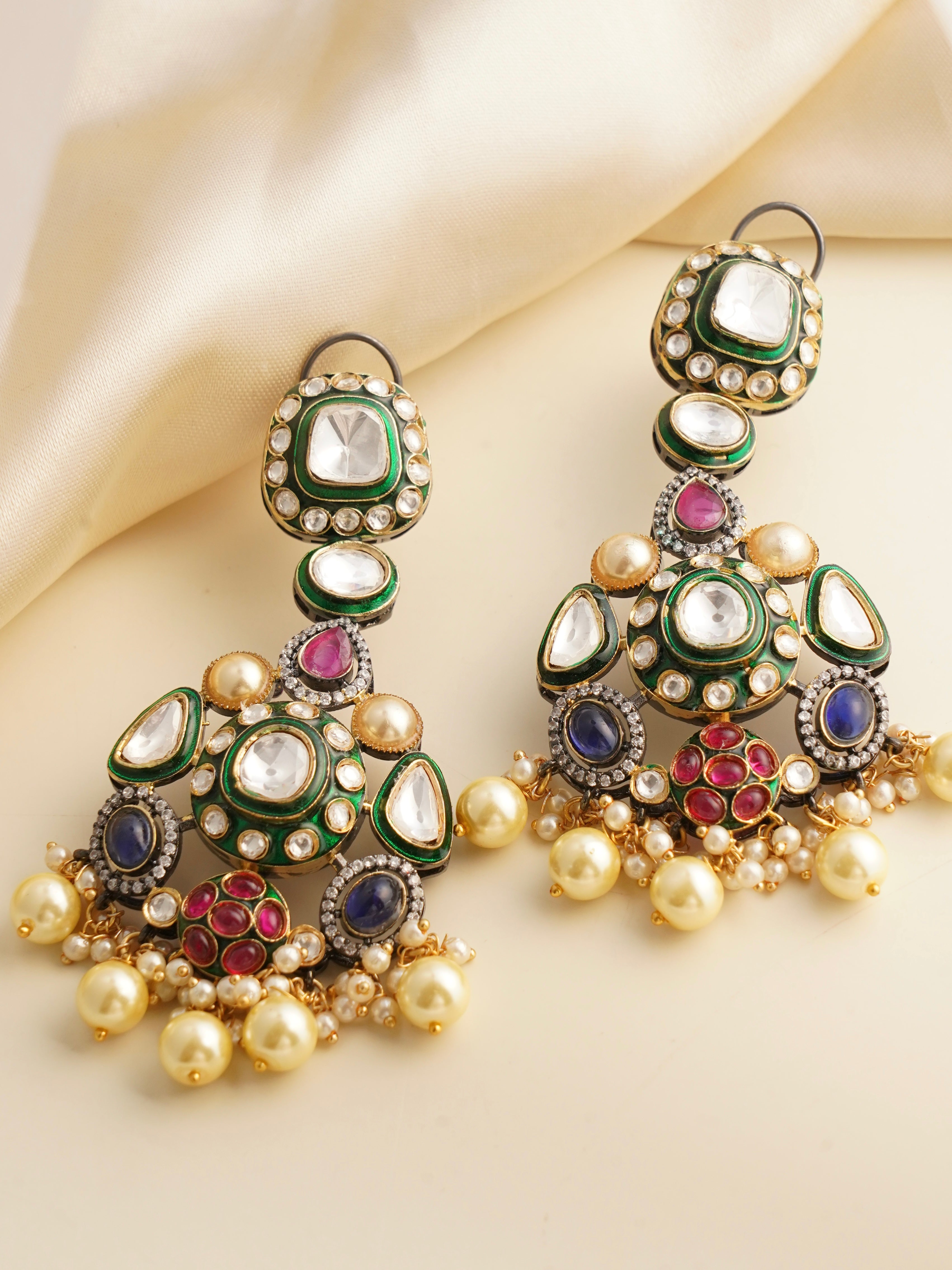Victorian earrings with multicolored semi-precious stones and antique clip fastening