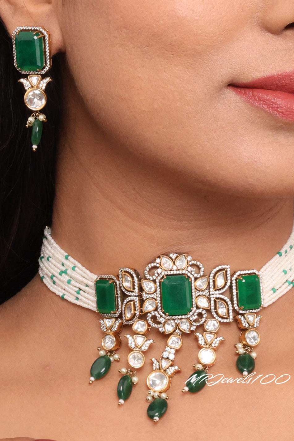 Green Beaded Kundan Choker Set