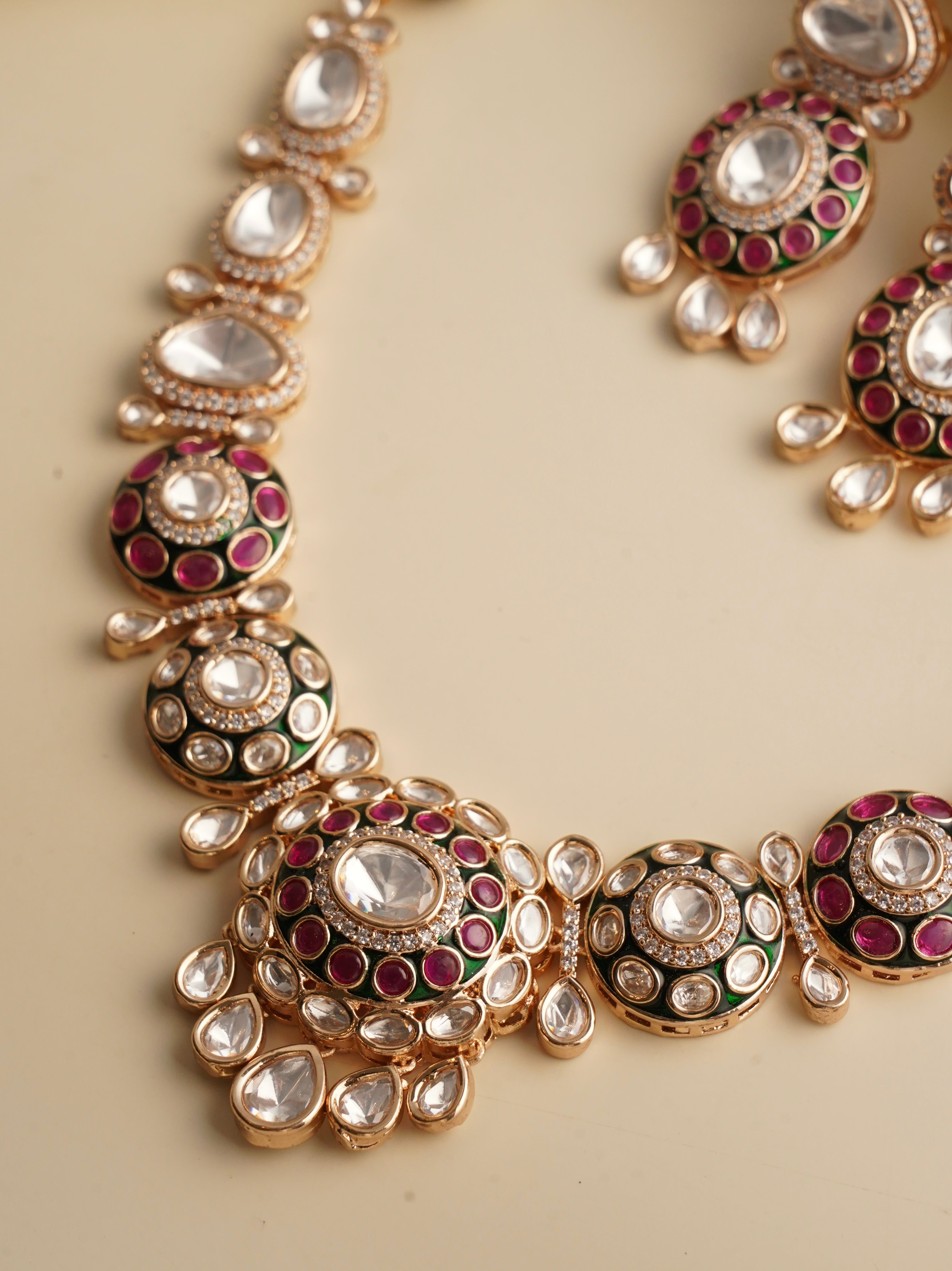 Alternate view of vintage-style meenakari necklace with matching earrings