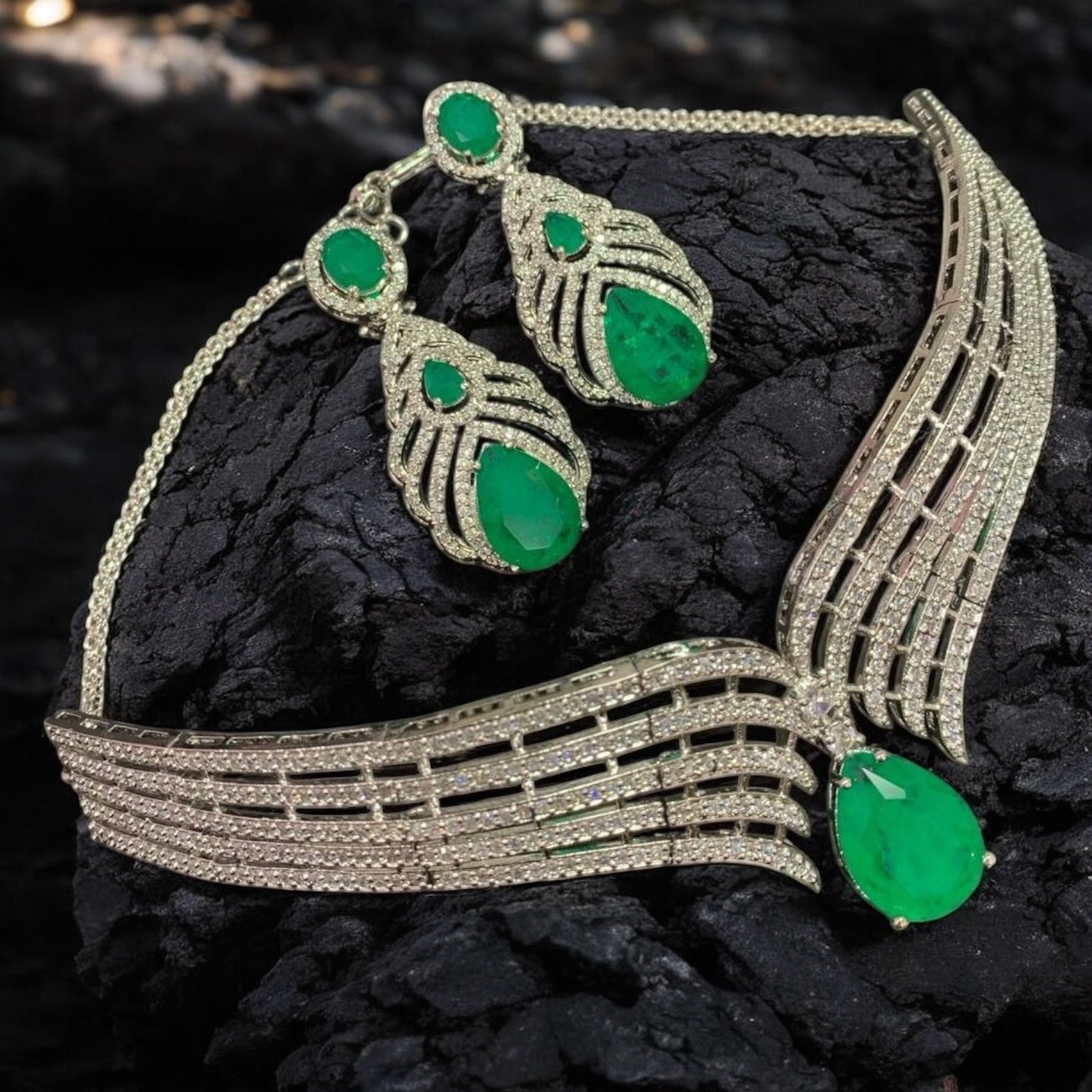 Angled close-up of emerald set highlighting stone clarity and elegant arrangement