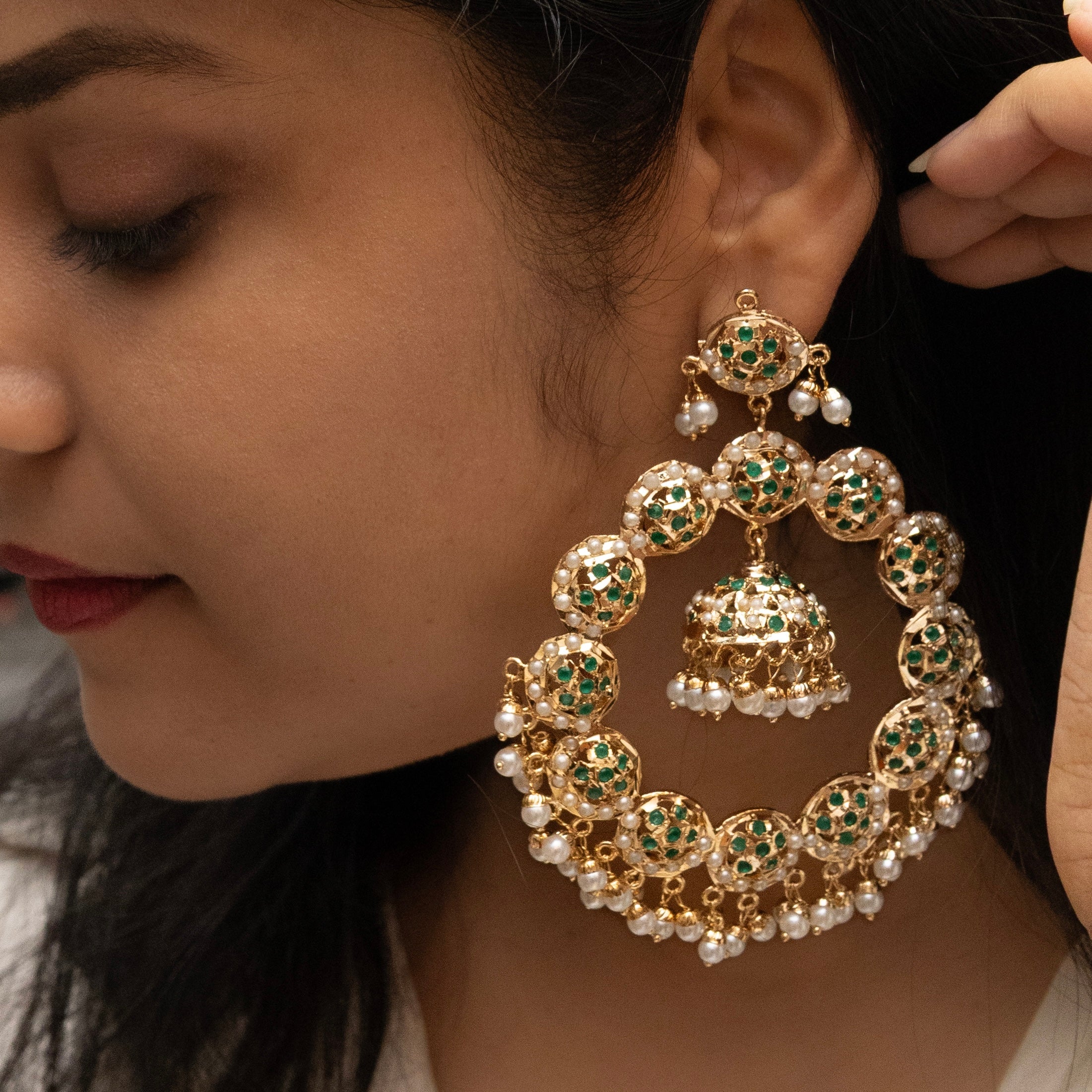 Jadau kundan chaandbaalis with pearl detailing and traditional jhumka drops