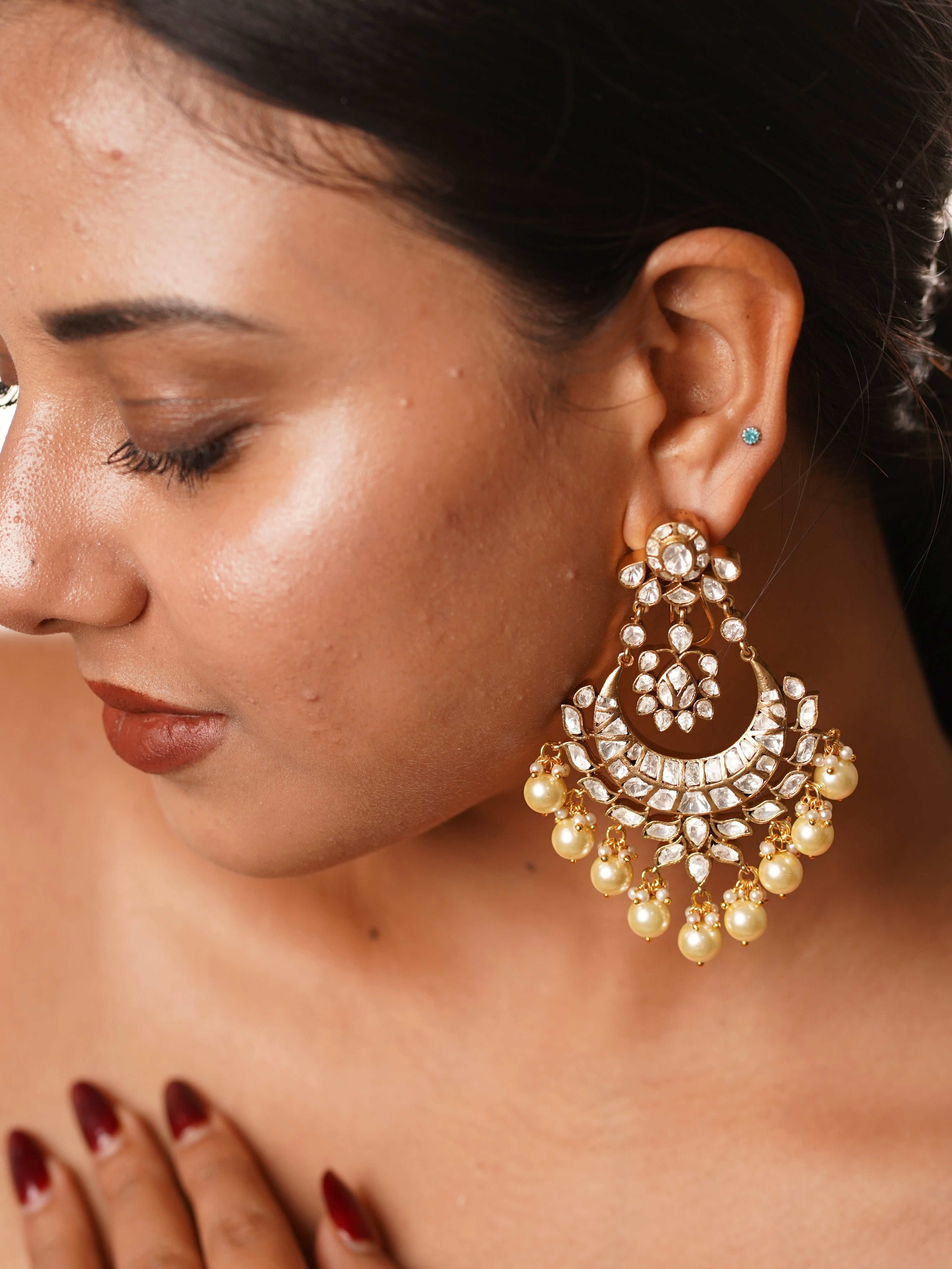 Moissanite chaandbali earrings with pearl drops and kundan-inspired circular top detailing