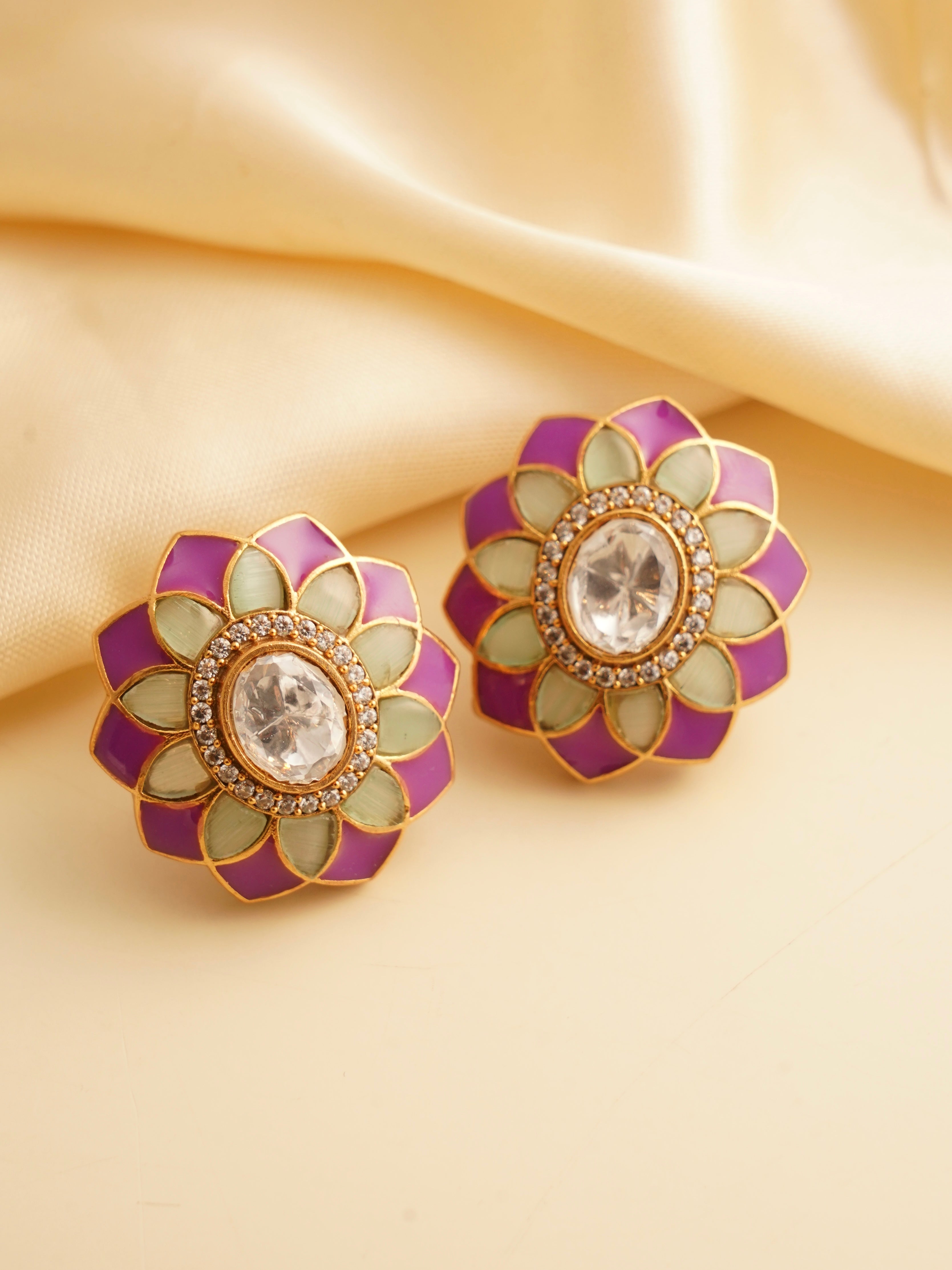 Polki flower studs with alternating purple and sage green enamel petals and central stone