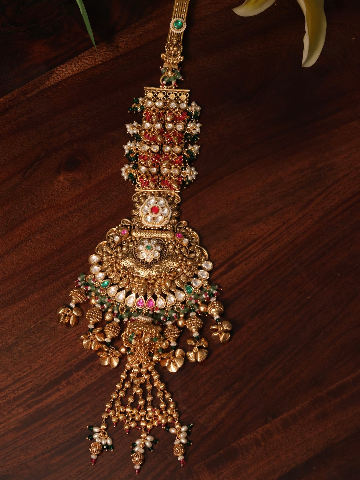 Designer juda hair accessory with gold plated copper base and traditional engraved detailing