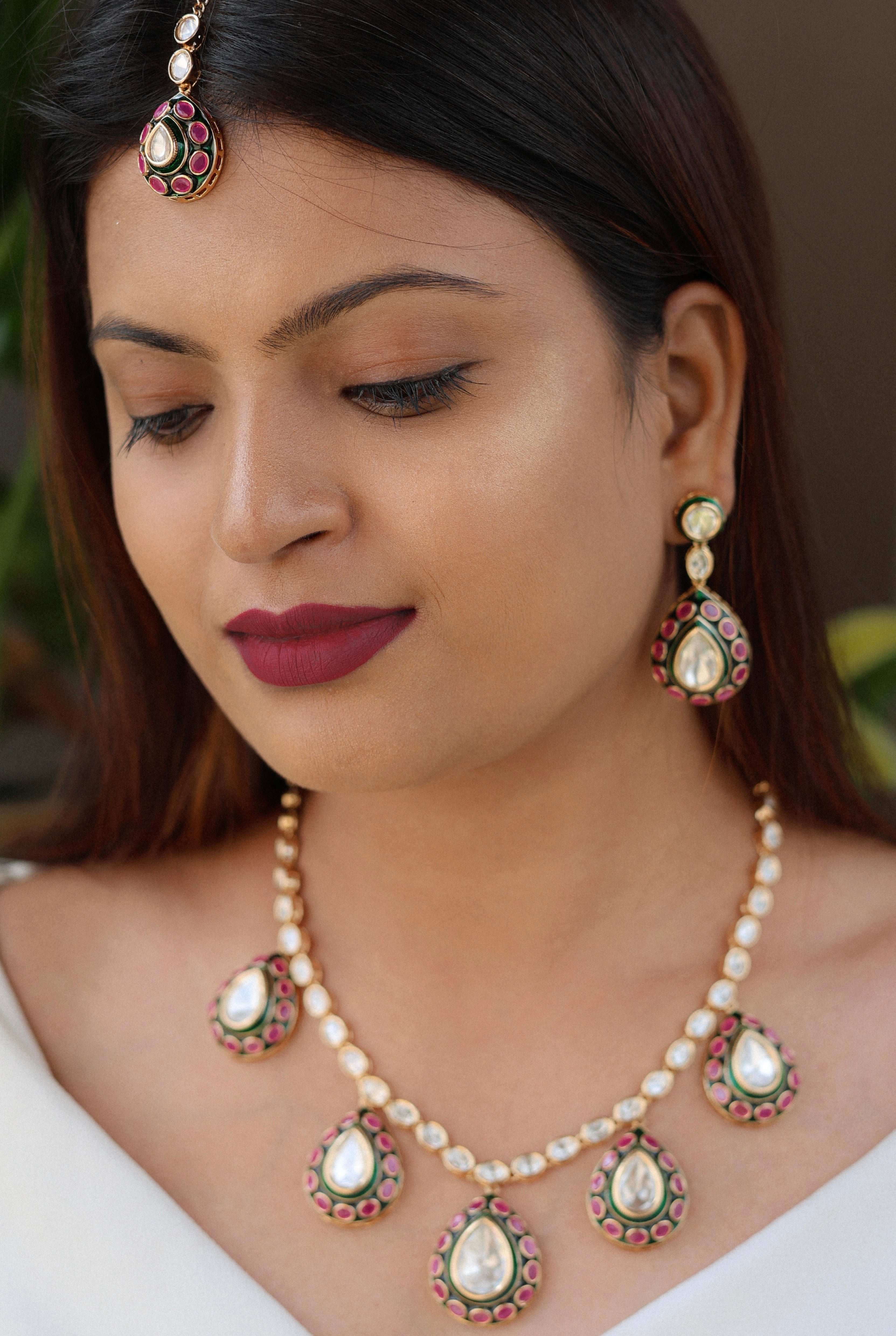 Aisha Polki Meenakari Necklace Set with earrings and maangtikka