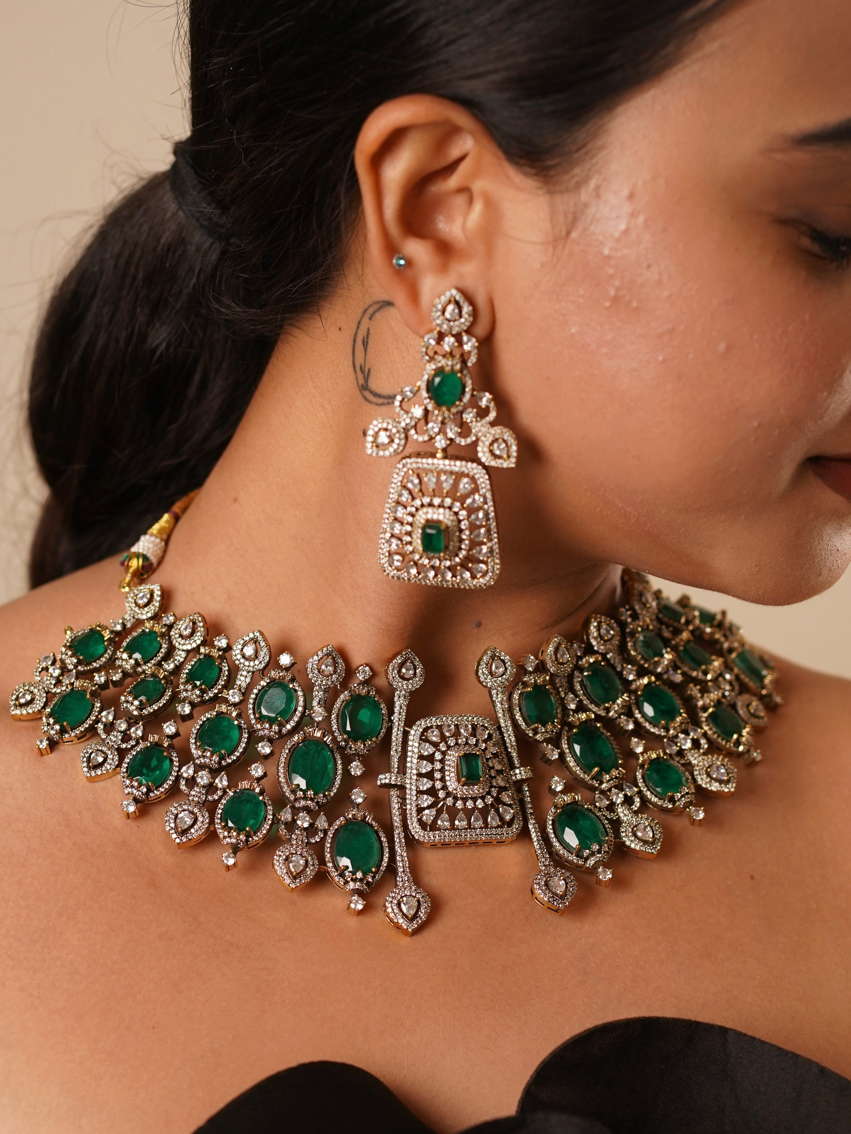 Emerald ruby choker set with moissanite polkis and rich antique finish in bold statement look