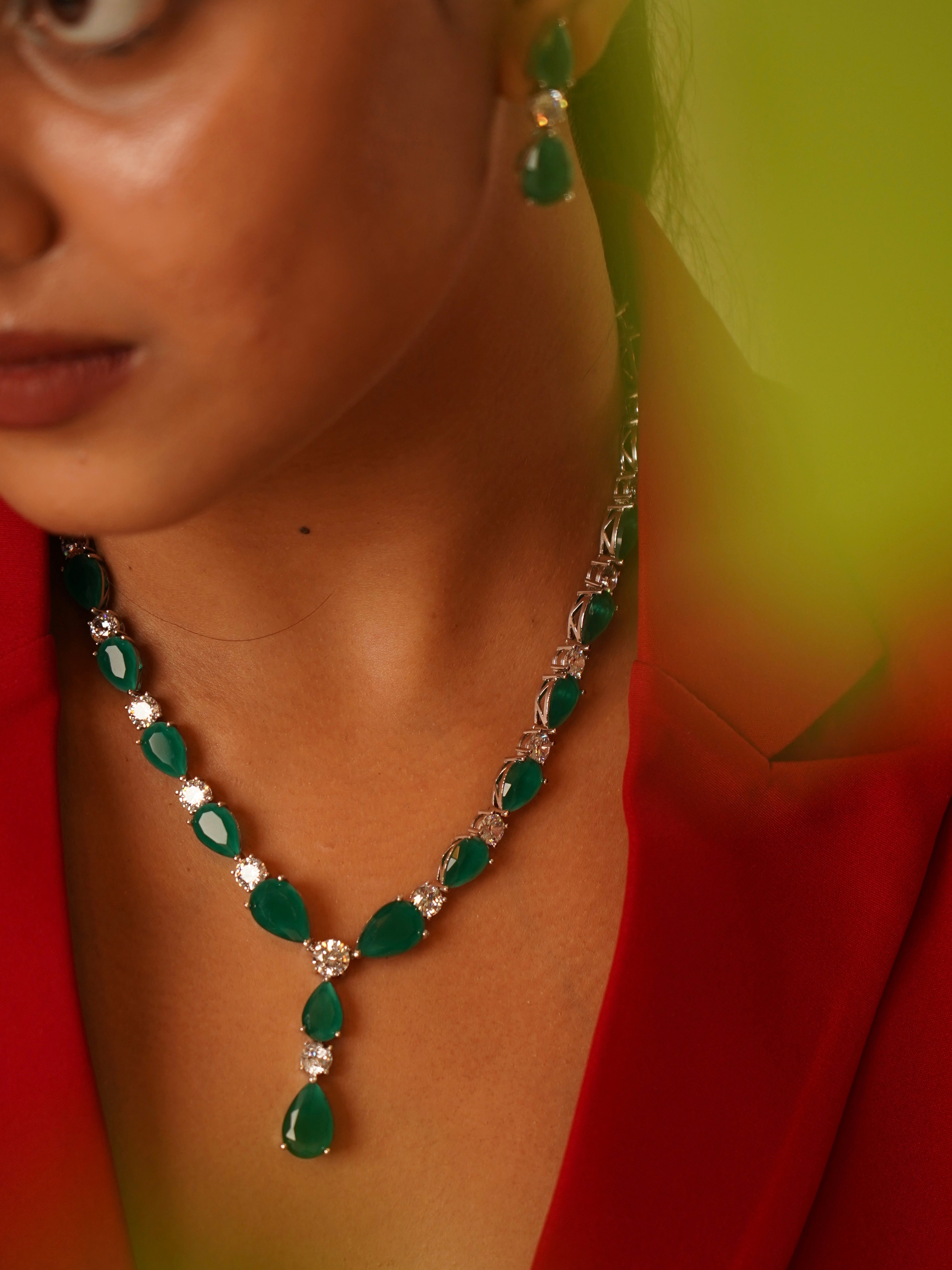 Silver plated emerald diamond necklace set with high-clarity AAAA+ stones, front view
