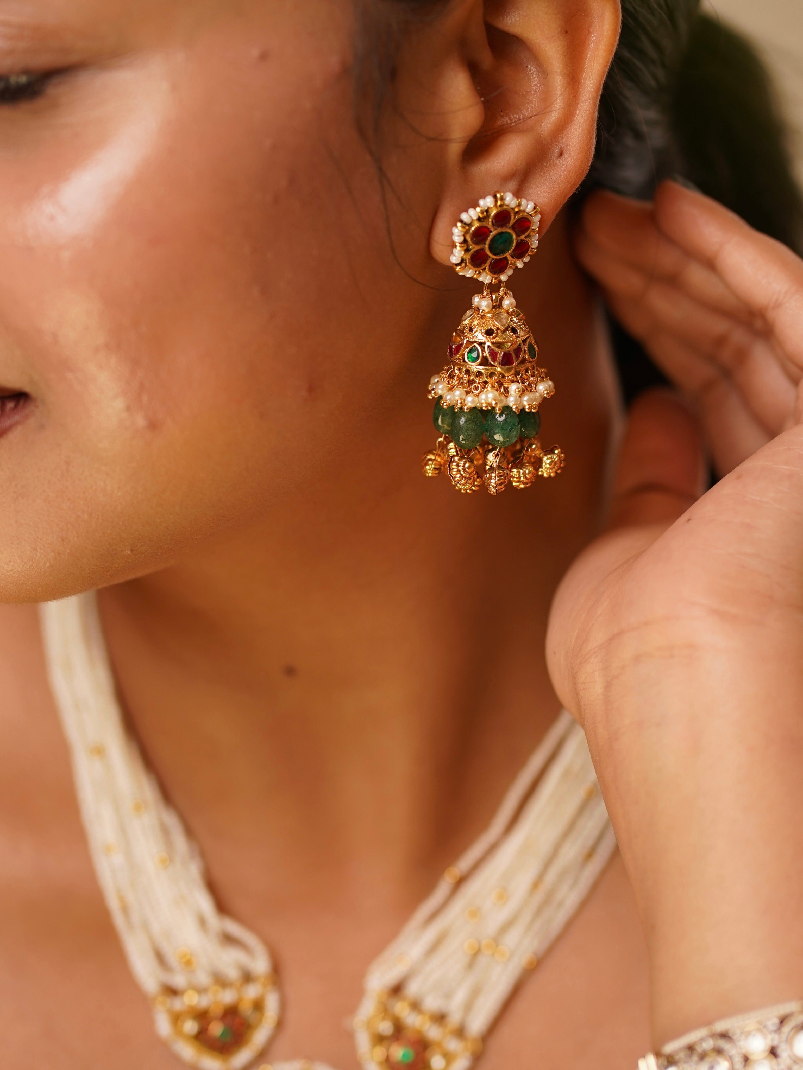 Rear view of Jadau kundan necklace set with bead drops and traditional finish