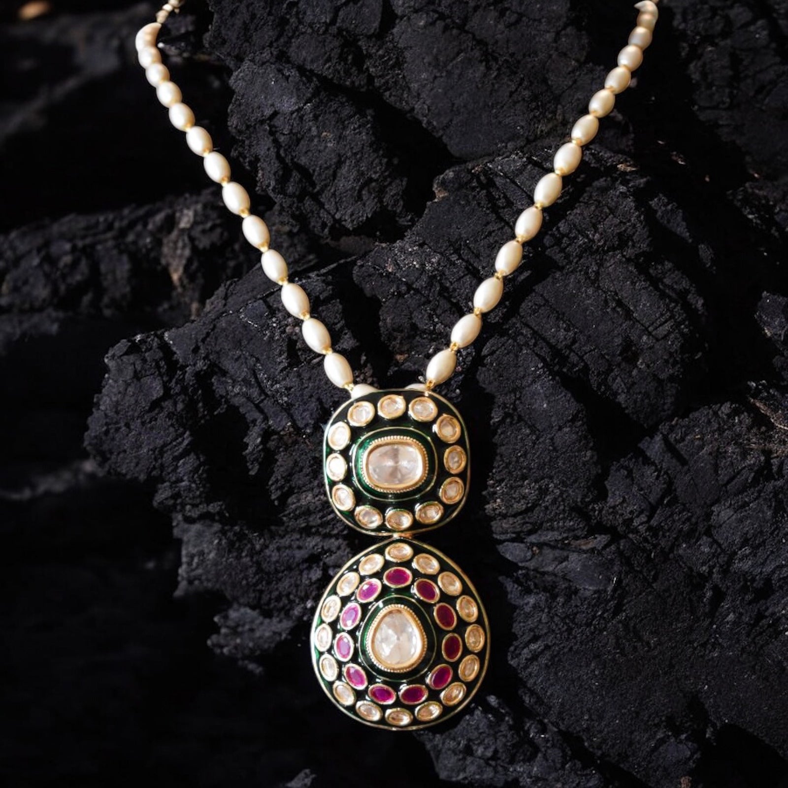 Polki pendant set with pearl mala and red accents in full front view