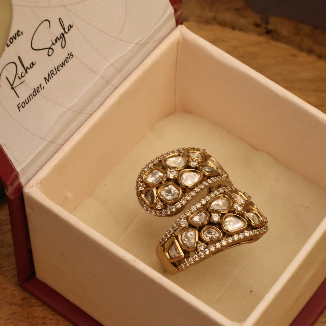 Dual-wrap adjustable ring with gold polish, studded with diamonds and polki stones