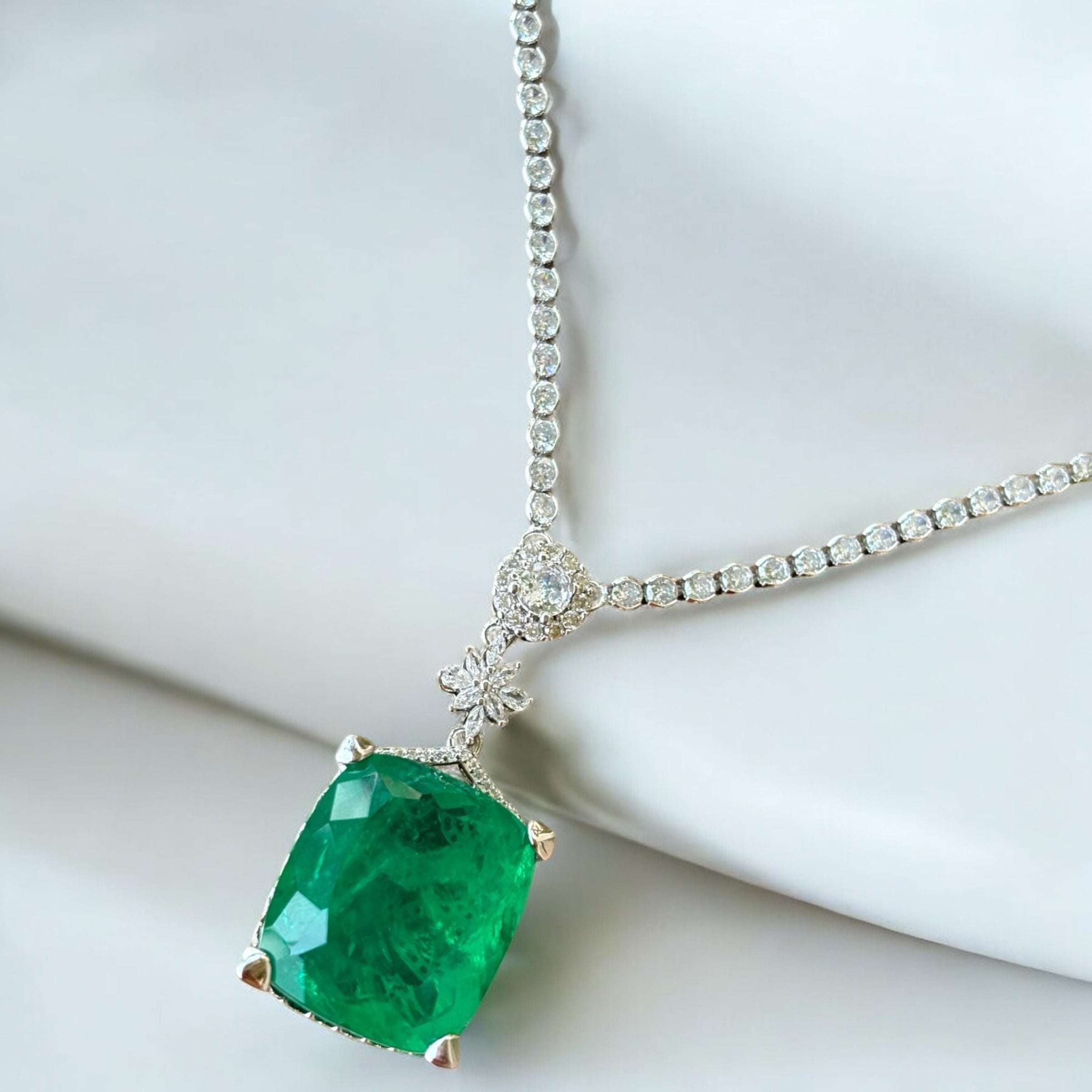 Royal Emerald Drop Necklace Set AAA+ White Rhodium Finish