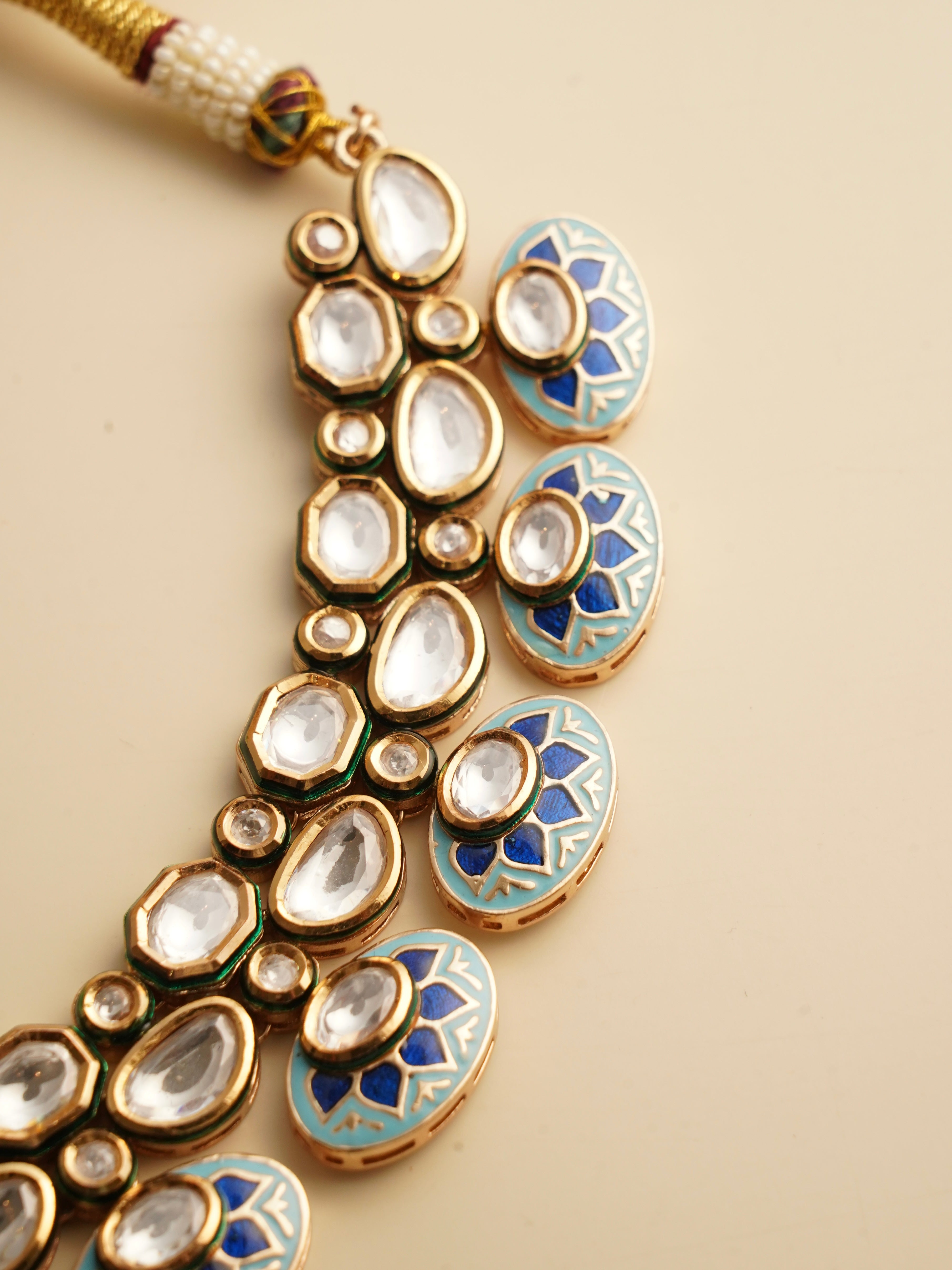 Side view of rajwada kundan necklace showing traditional motifs and craftsmanship