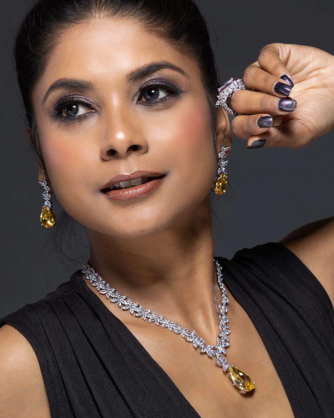 White Rhodium Finish Yellow Sapphire Stone Drop
Necklace Set