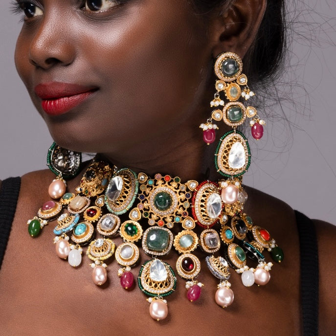 Choker and earrings set with multicolored stones in regal sabya-inspired styling