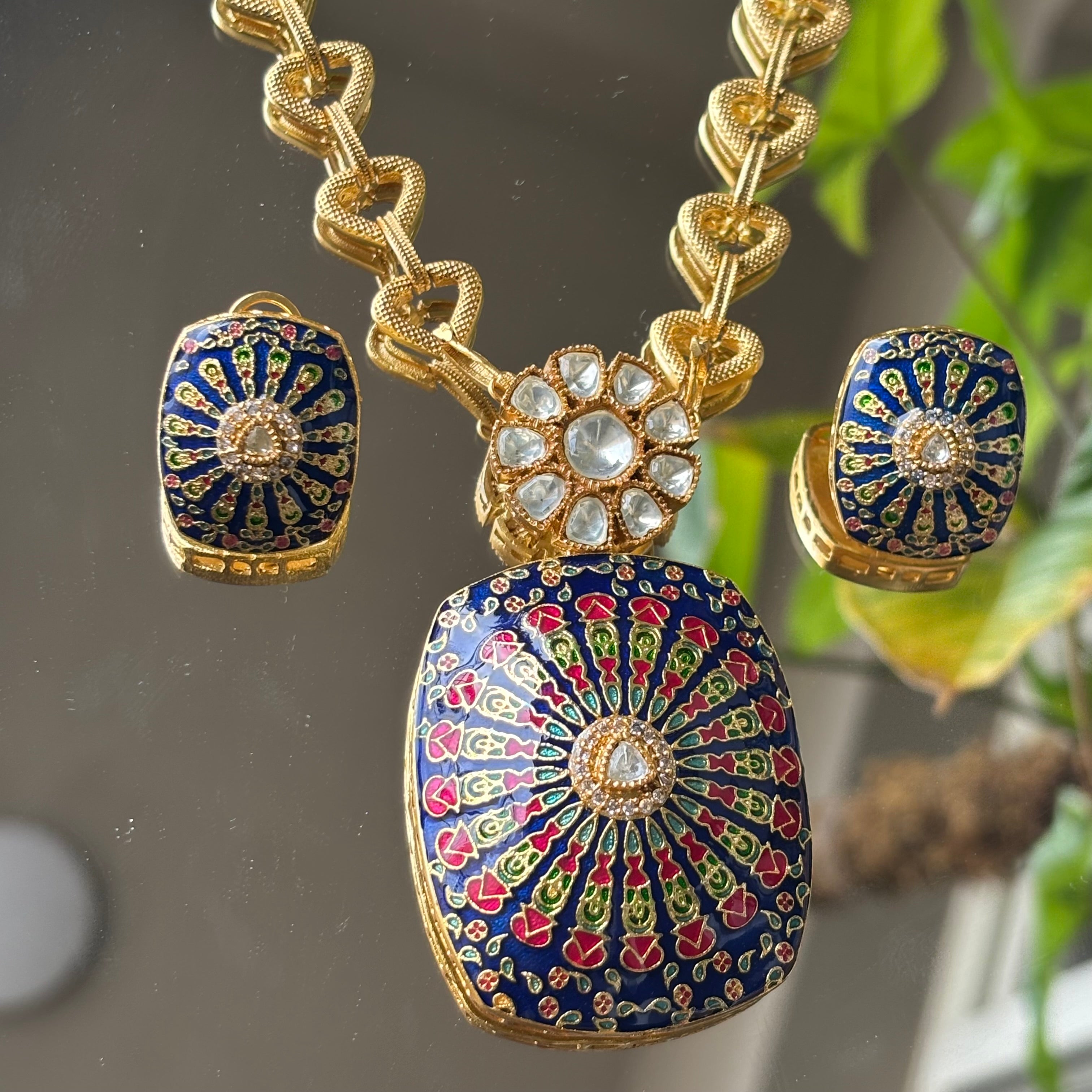 Meenakari pendant set with enamel work and long chain in full front view