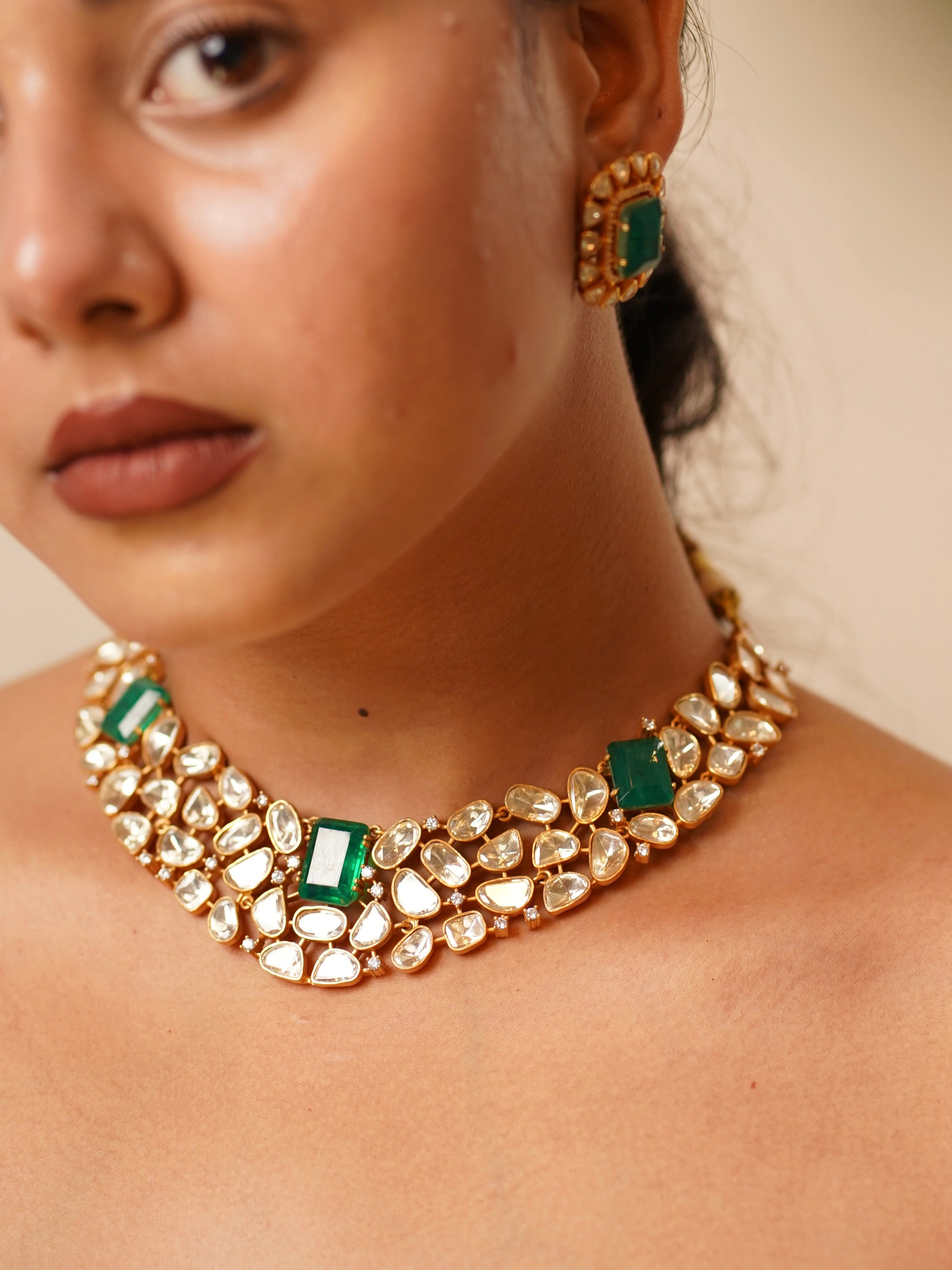 Kundan polki choker necklace set with pearl hangings and 22kt gold plating, frontal view