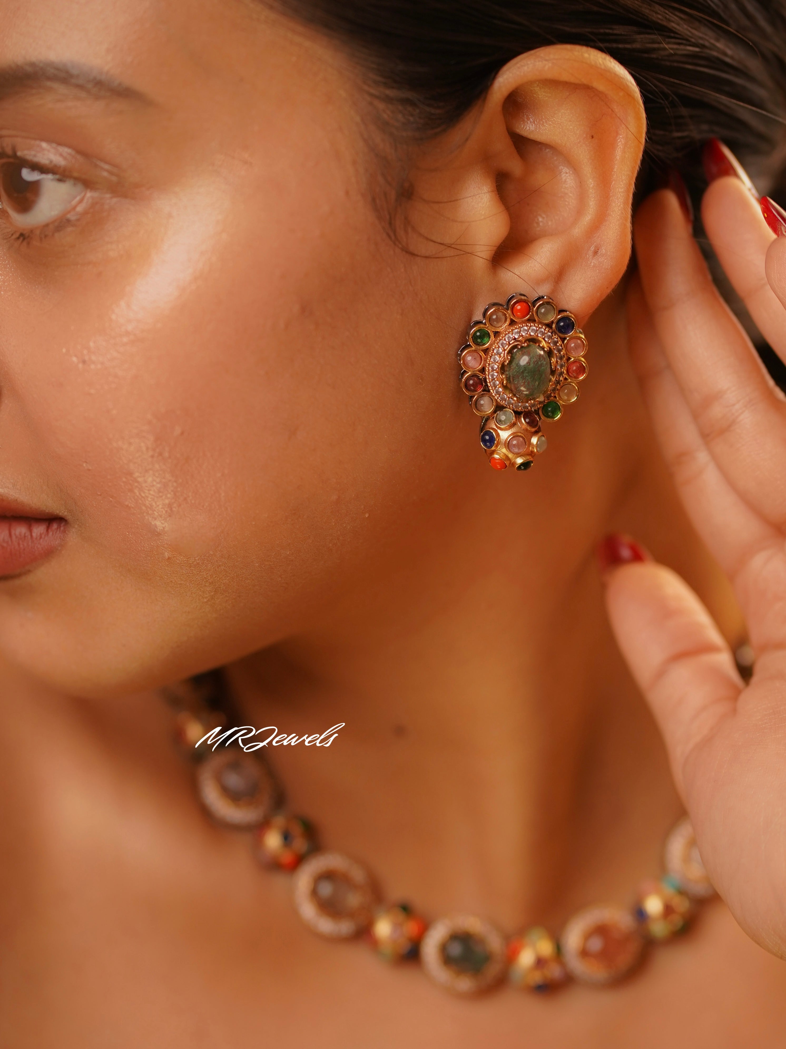 Angled view of sabya-inspired navrattan necklace with luxe handcrafted design