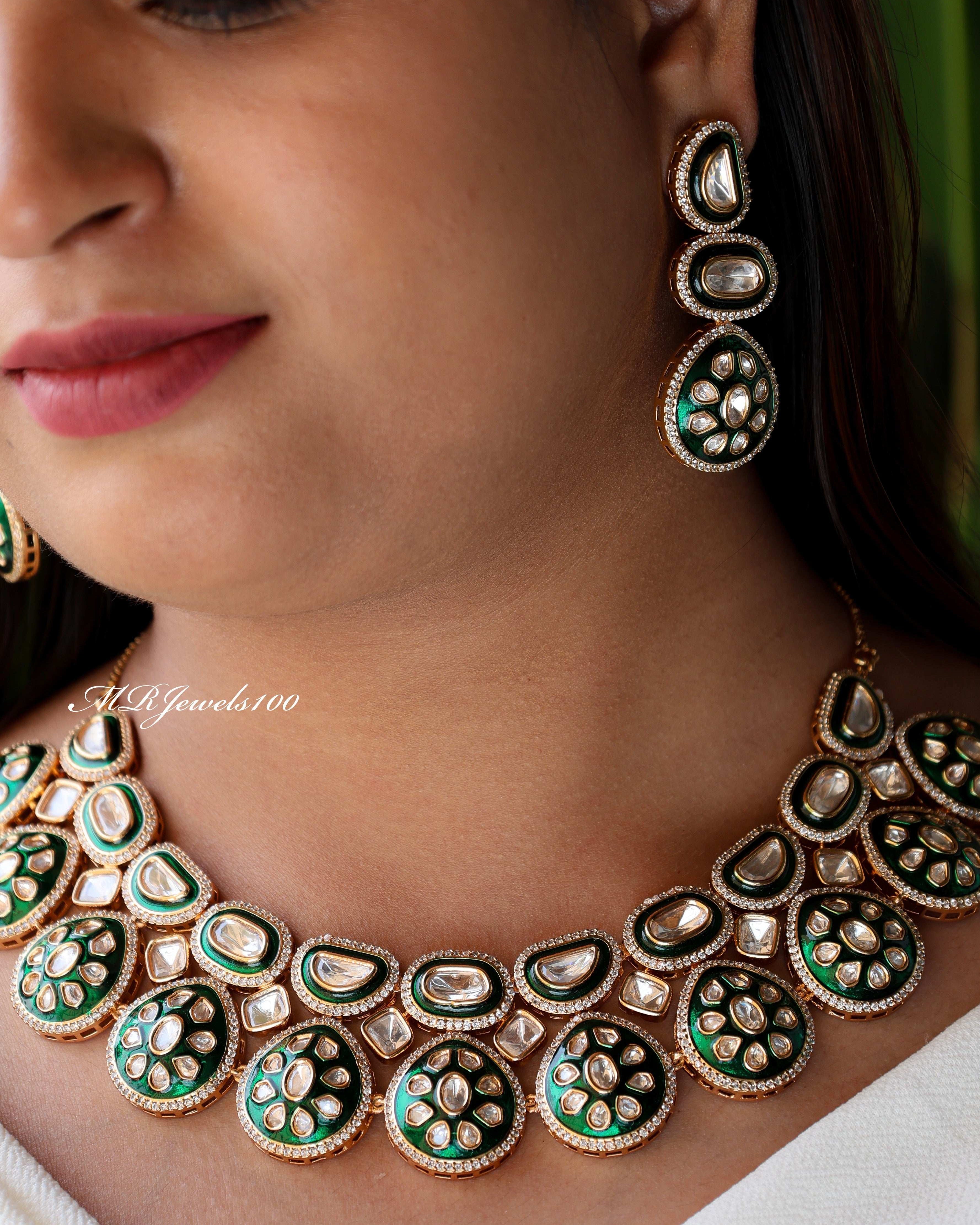 Aliya Meenakari Polki Set with matching Earrings and Maangtika