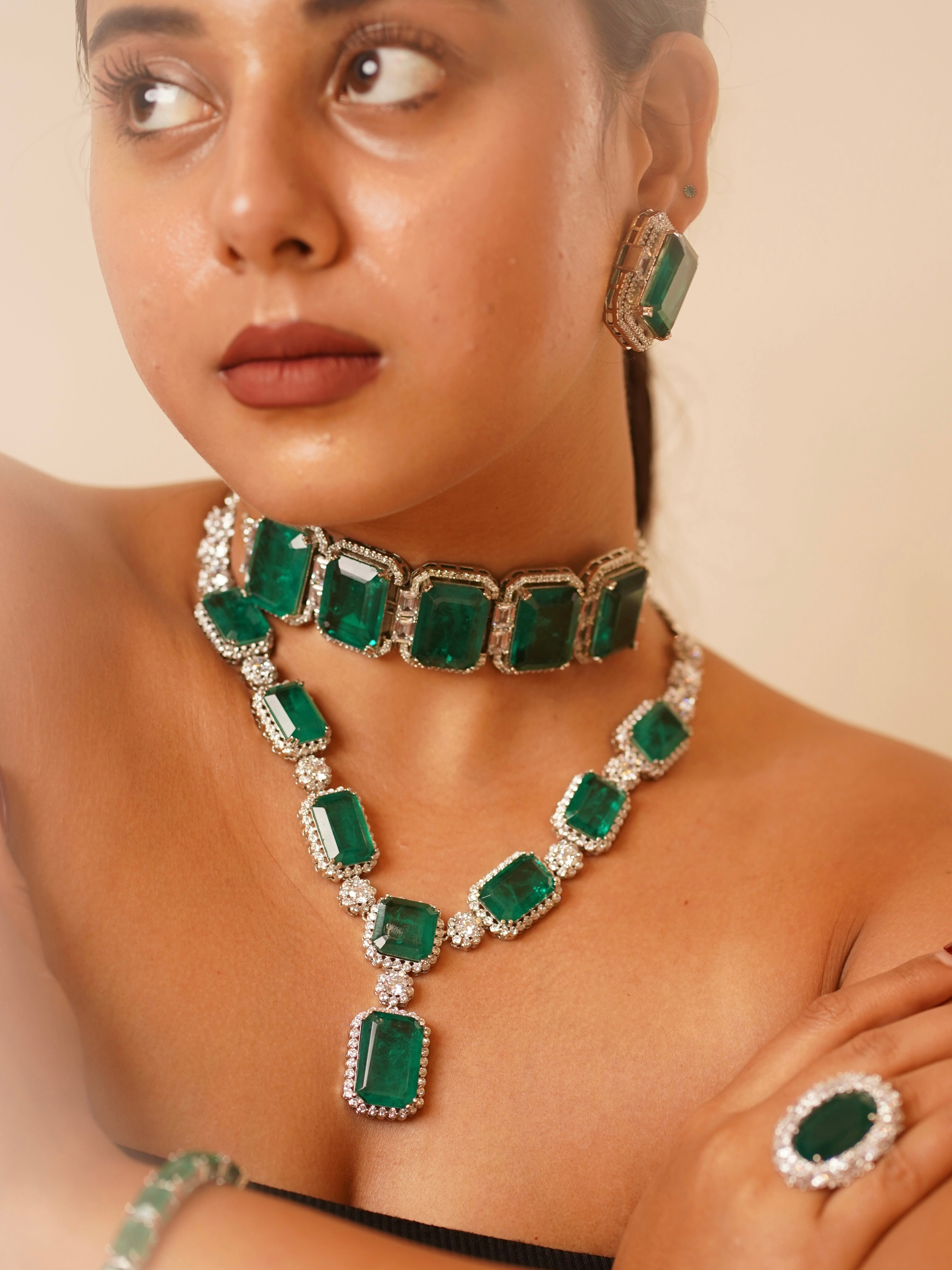 Choker with oversized emerald-cut stones and sparkling CZ halo frames