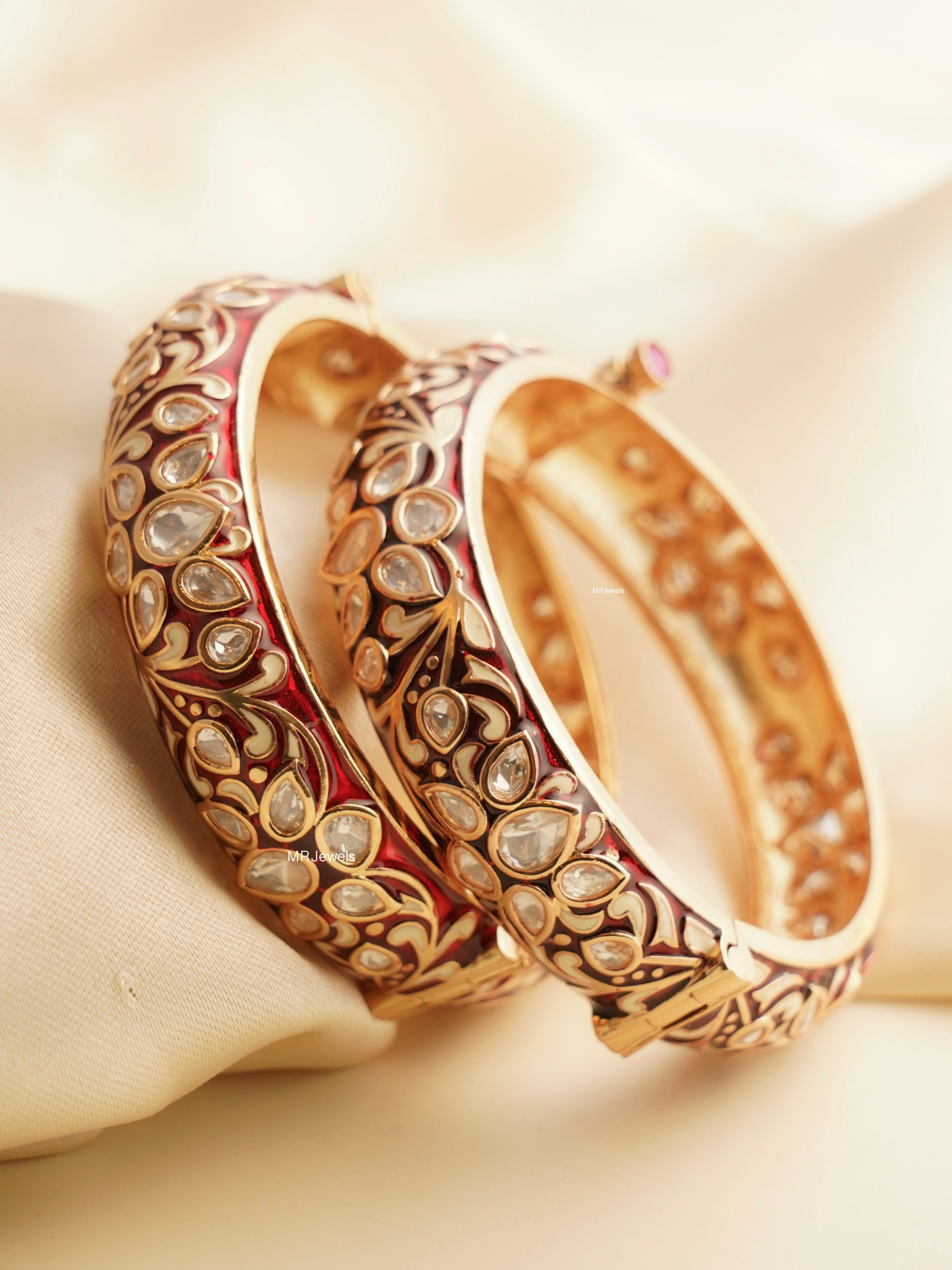 Top angle showing vibrant meenakari work and polki detailing on kada