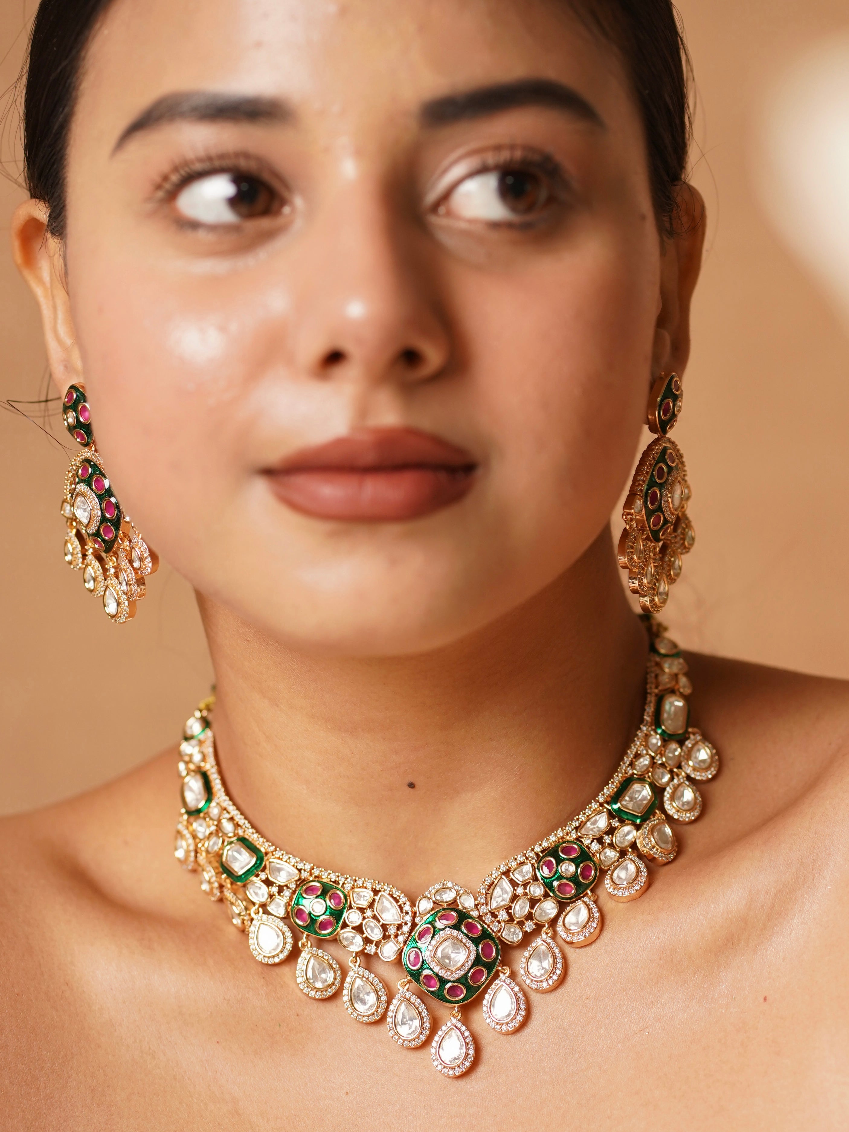 Kundan meenakari necklace set with earrings and maangtikka in vibrant enamel, front view