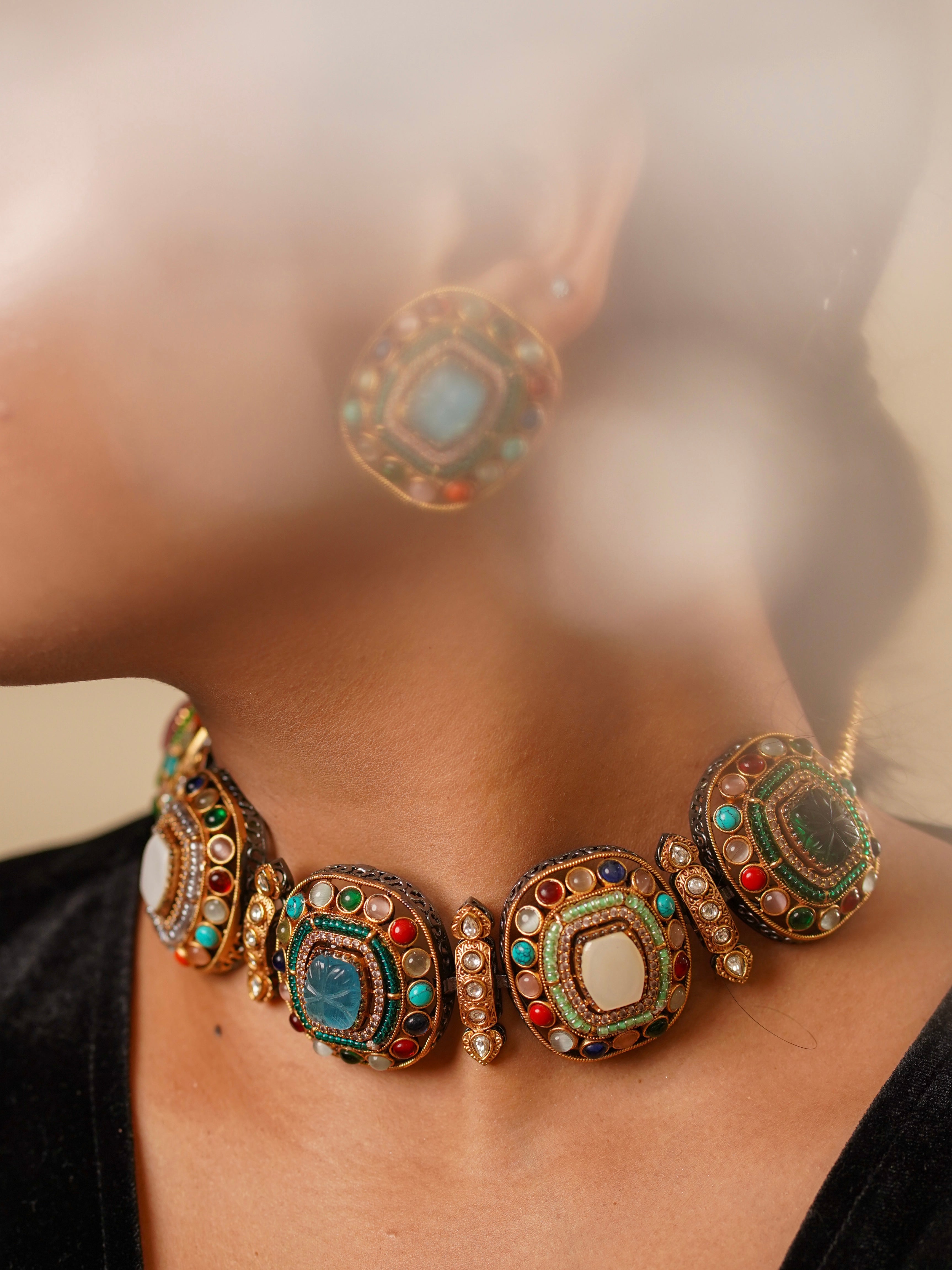 Side view of bridal choker set showing layered detailing and premium stone arrangement