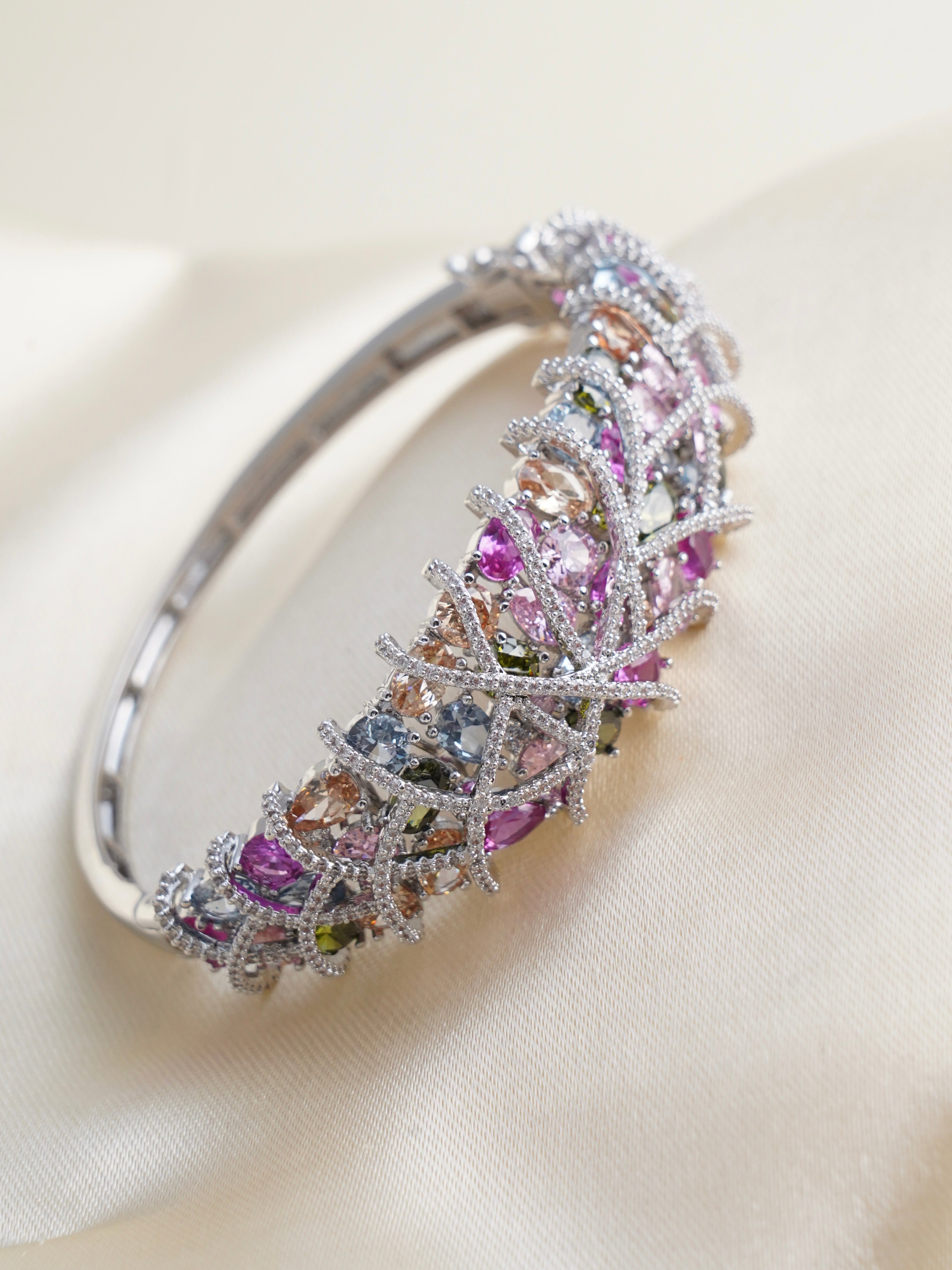 Swarovski-cut multicolour gemstone bracelet in rhodium finish with lattice design