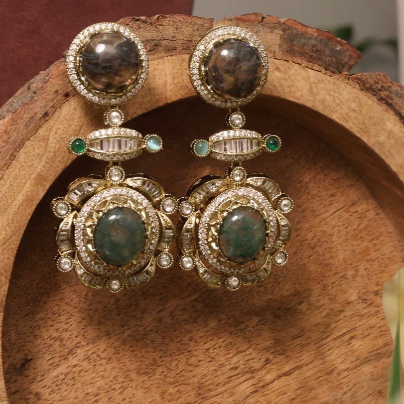 Gold-plated gemstone earrings with traditional sabya-inspired design and 8cm length