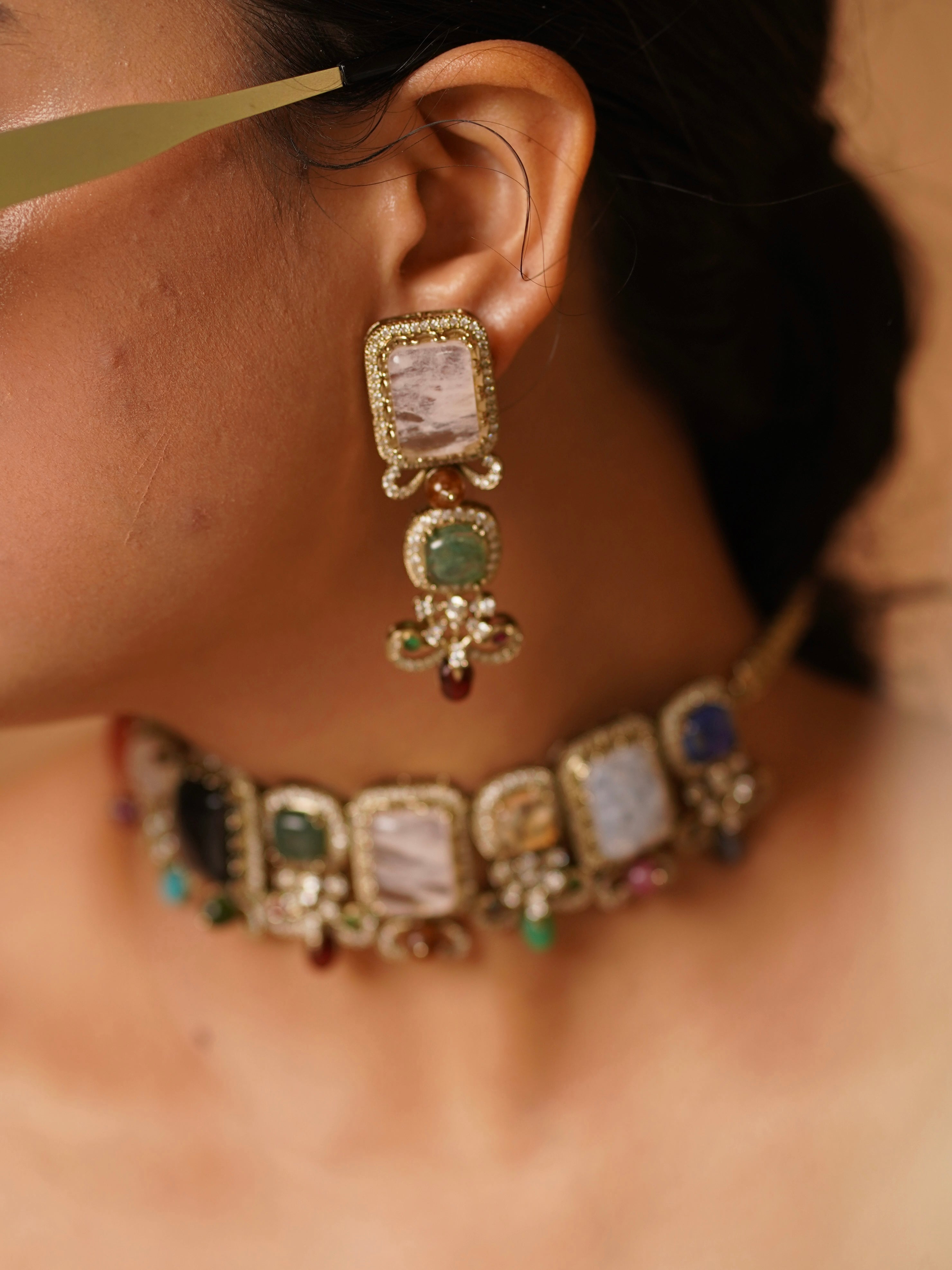 Back view of multicoloured gemstone choker with pearl detailing