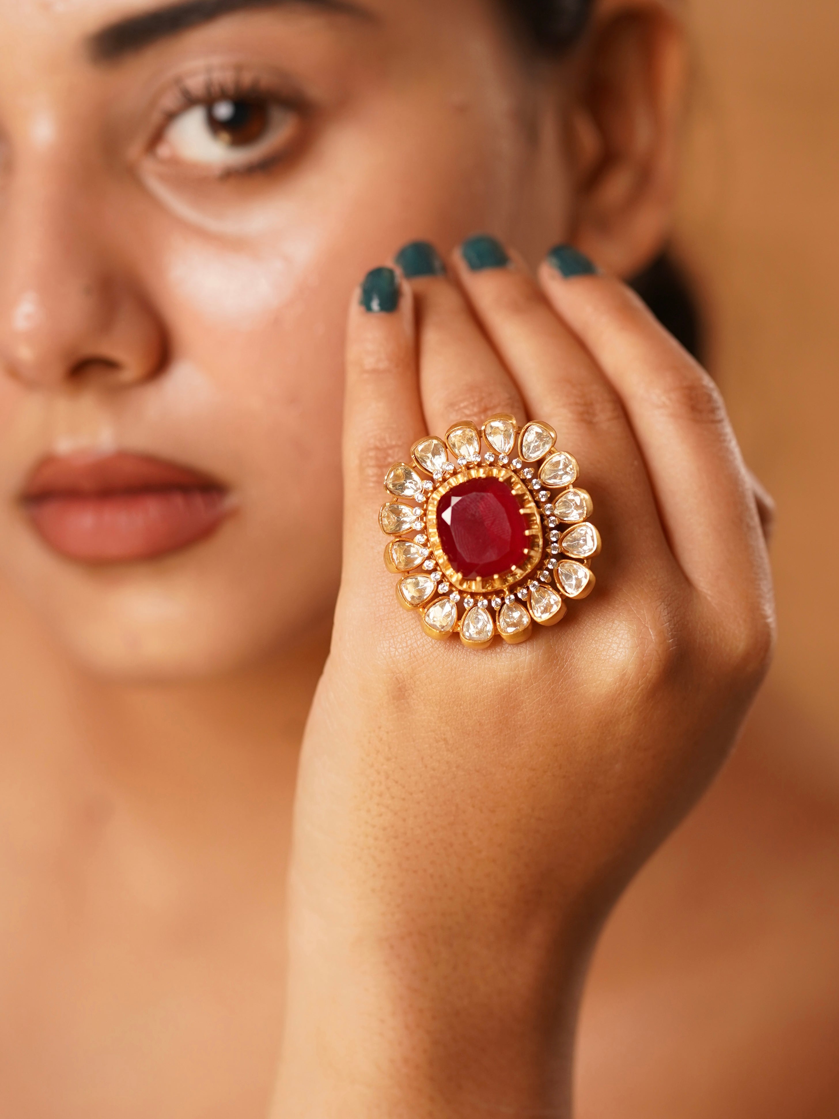 Gold-plated moissanite statement ring with floral silhouette and polki-style embellishments