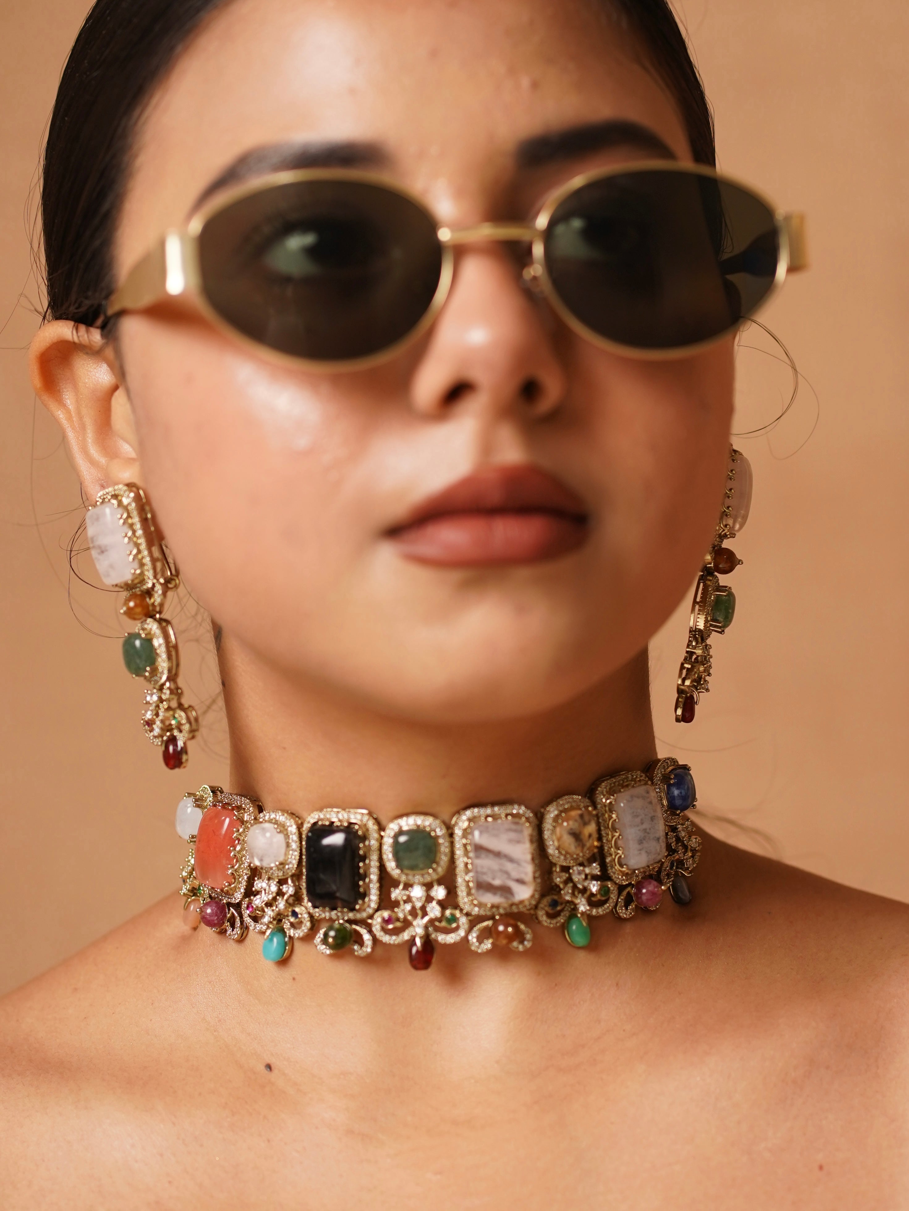 Kundan choker with navratan-inspired design and multicoloured stones