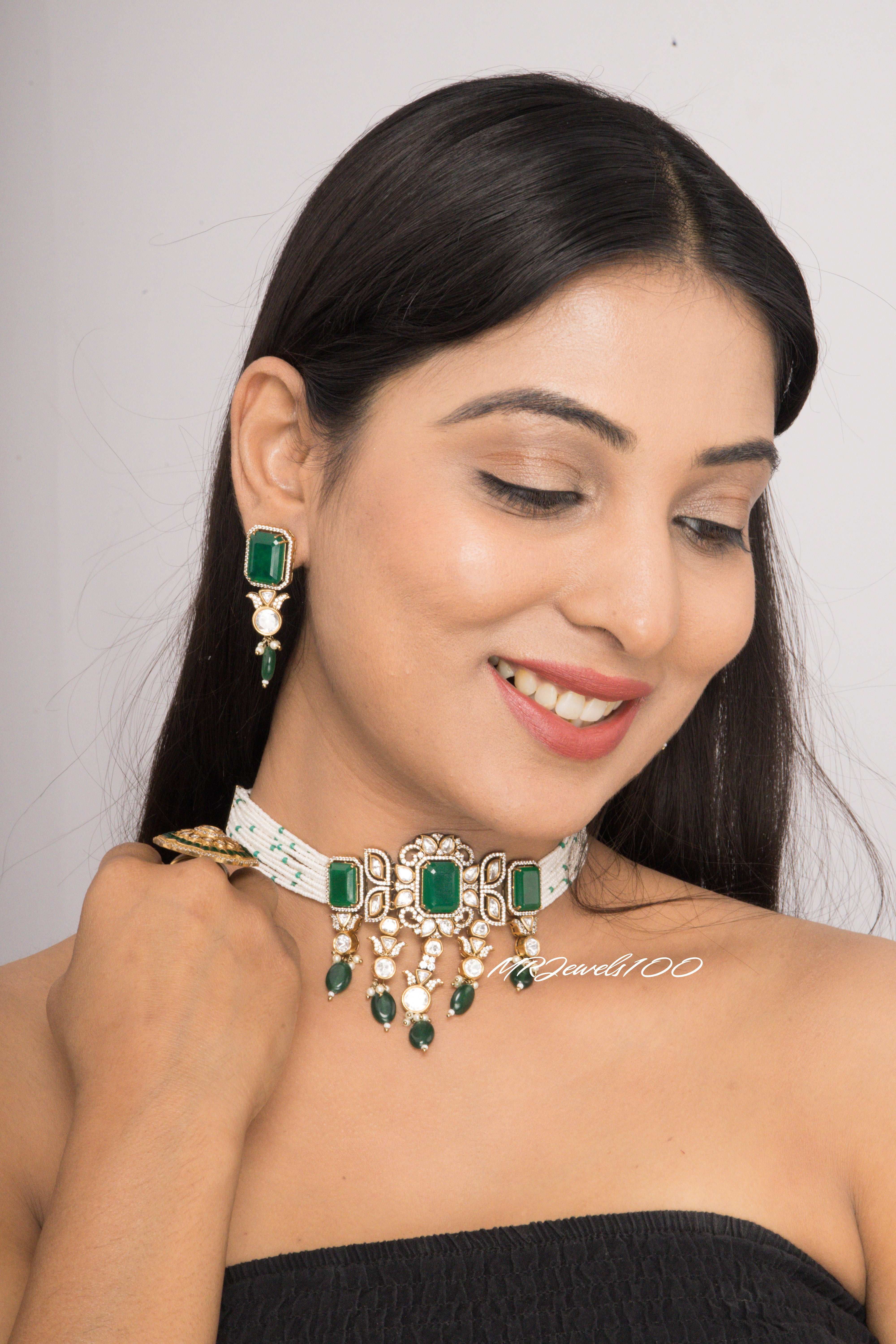 Green Beaded Kundan Choker Set