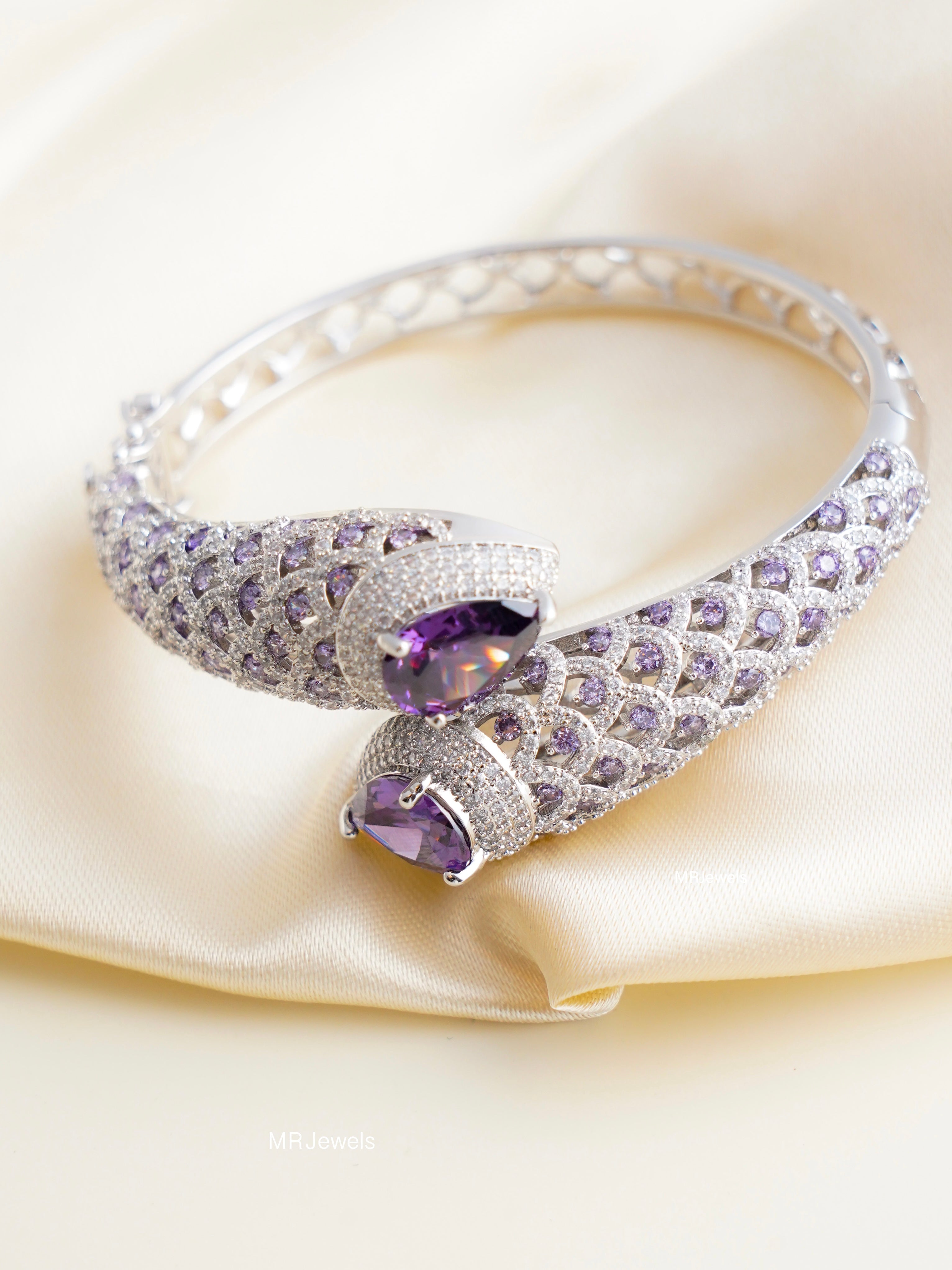 yellow pear stone open cuff kada sparkling with pavé cz along lattice band front view