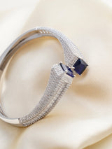 Top view of multicolour Celestia bracelet with baguette-cut stones and secure clasp detail