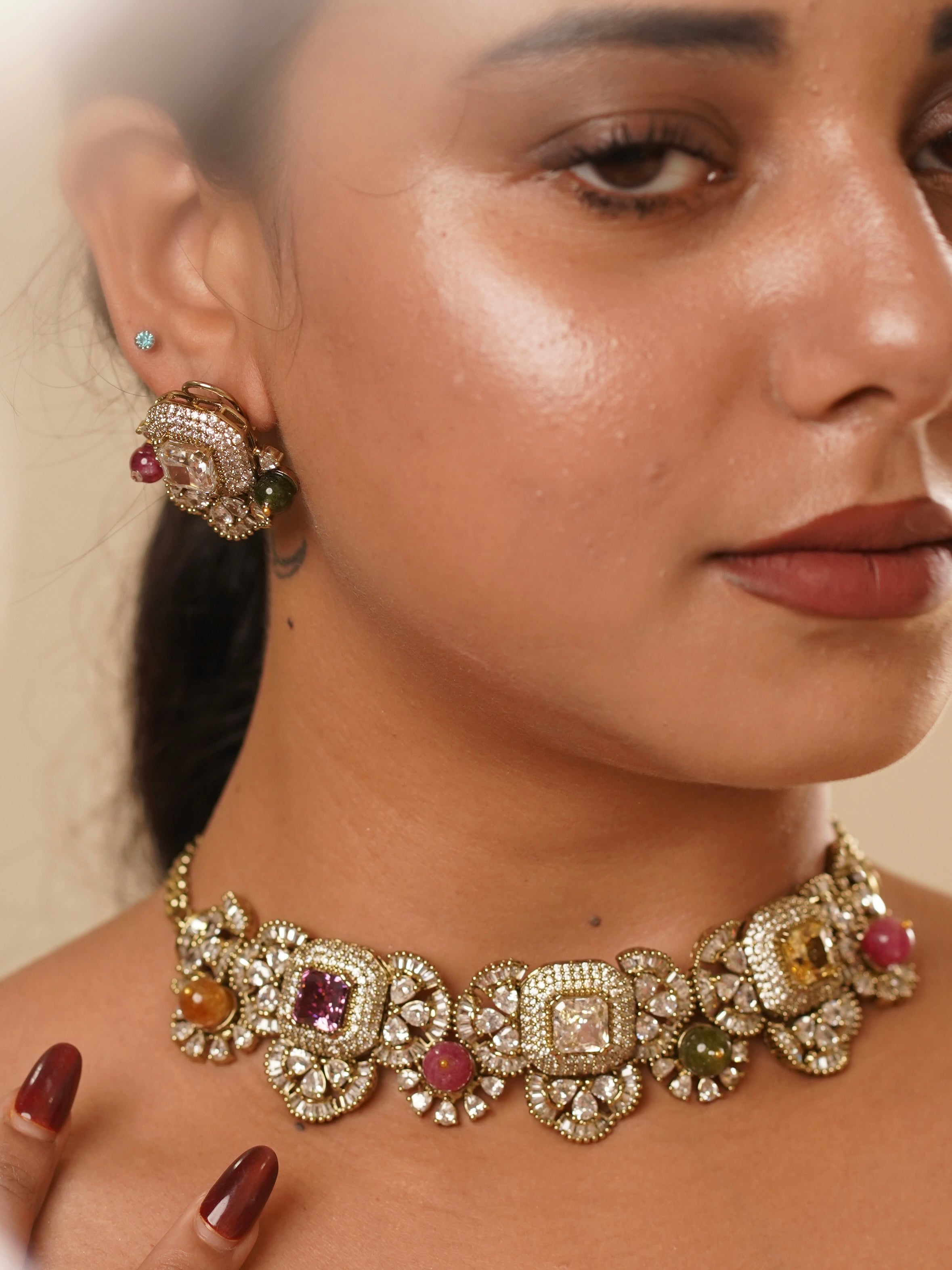 Side view of vibrant multicolored necklace with handcrafted stone details