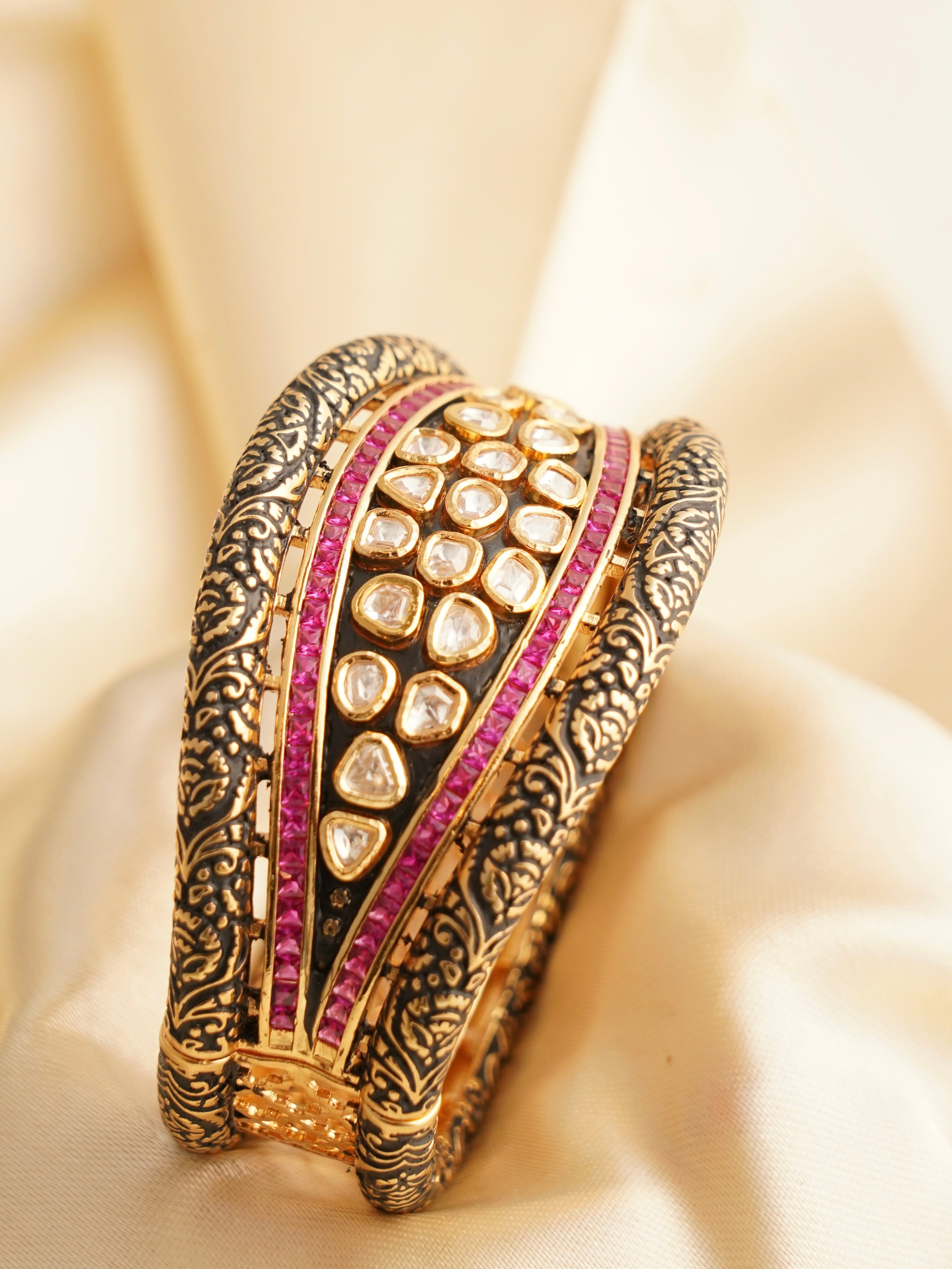 Front view of Kundan polki bracelet in gold with adjustable fit and enamel detailing