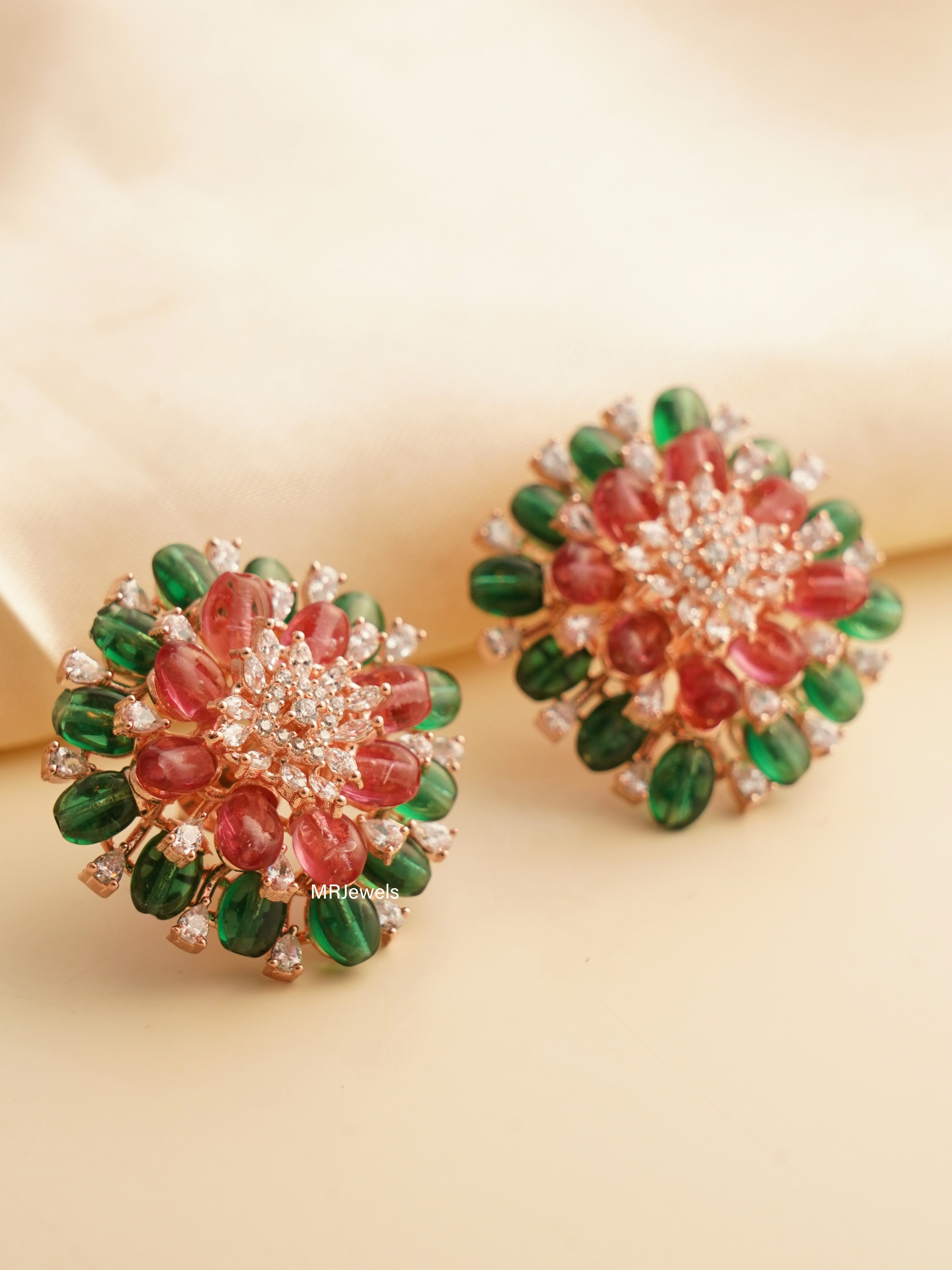 multicolour diamond-look beaded studs with rounded shape and intricate sparkle