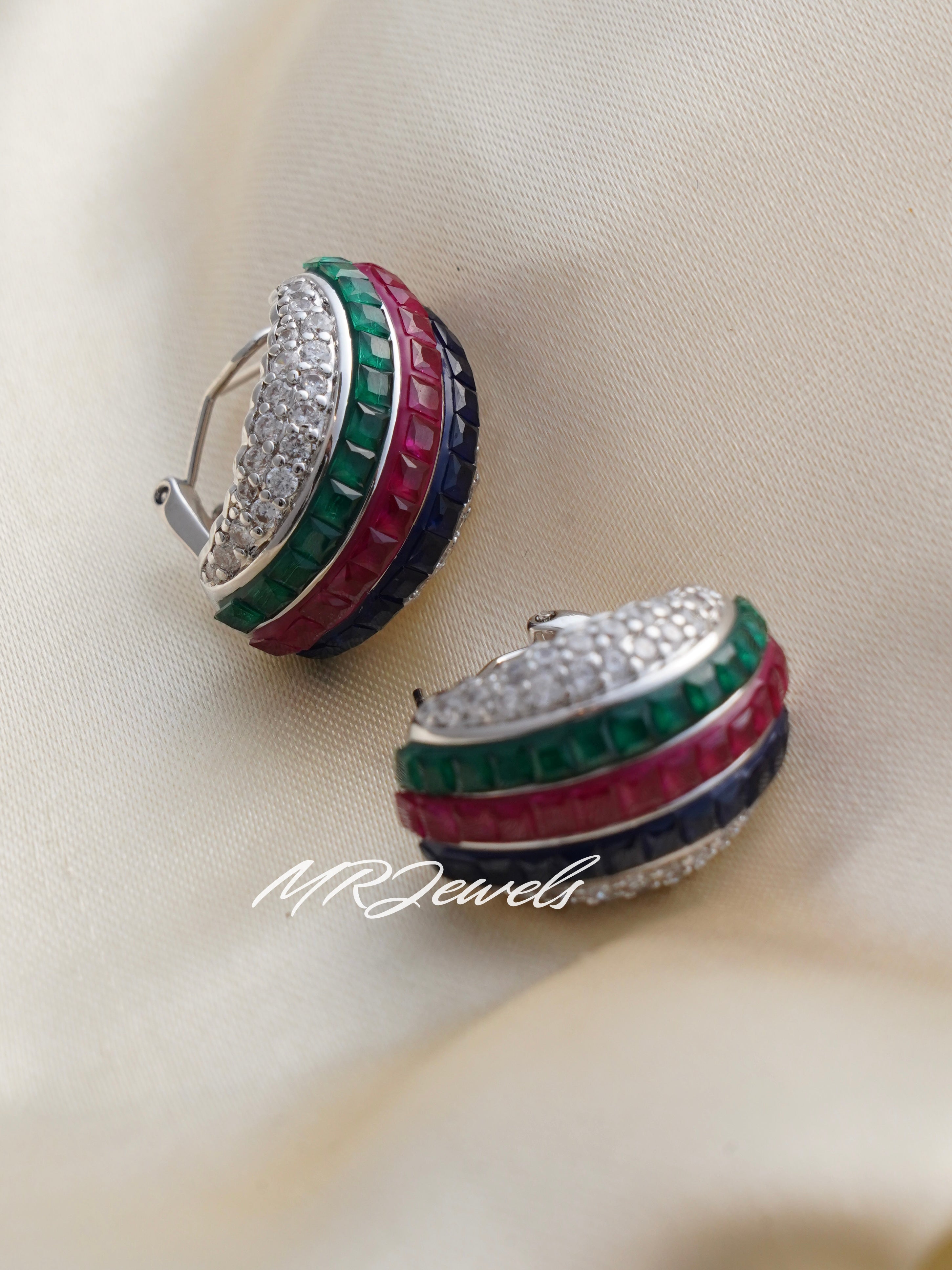 Luxe ruby multicolour stud earrings with pavé CZ diamonds and red, green, blue gemstone blend