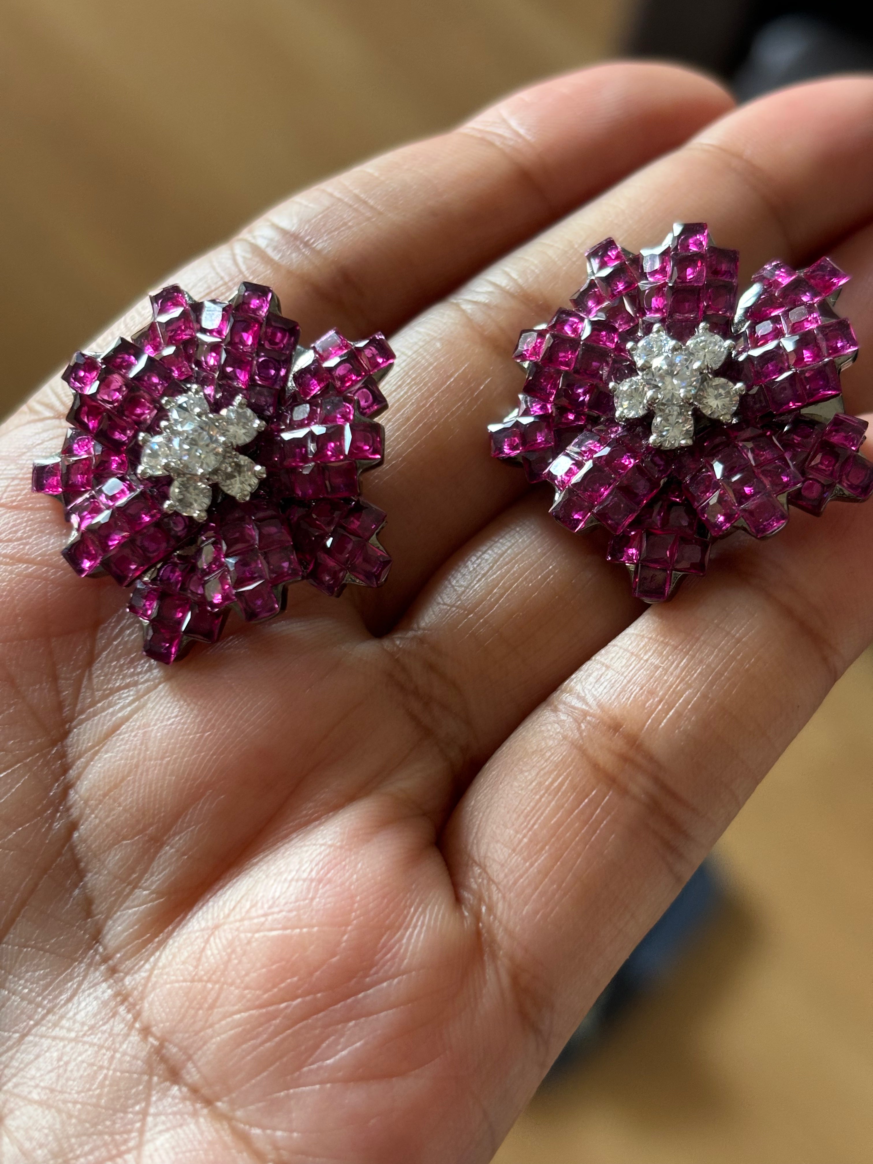 Dark pink zircon floral stud earrings with white polished base