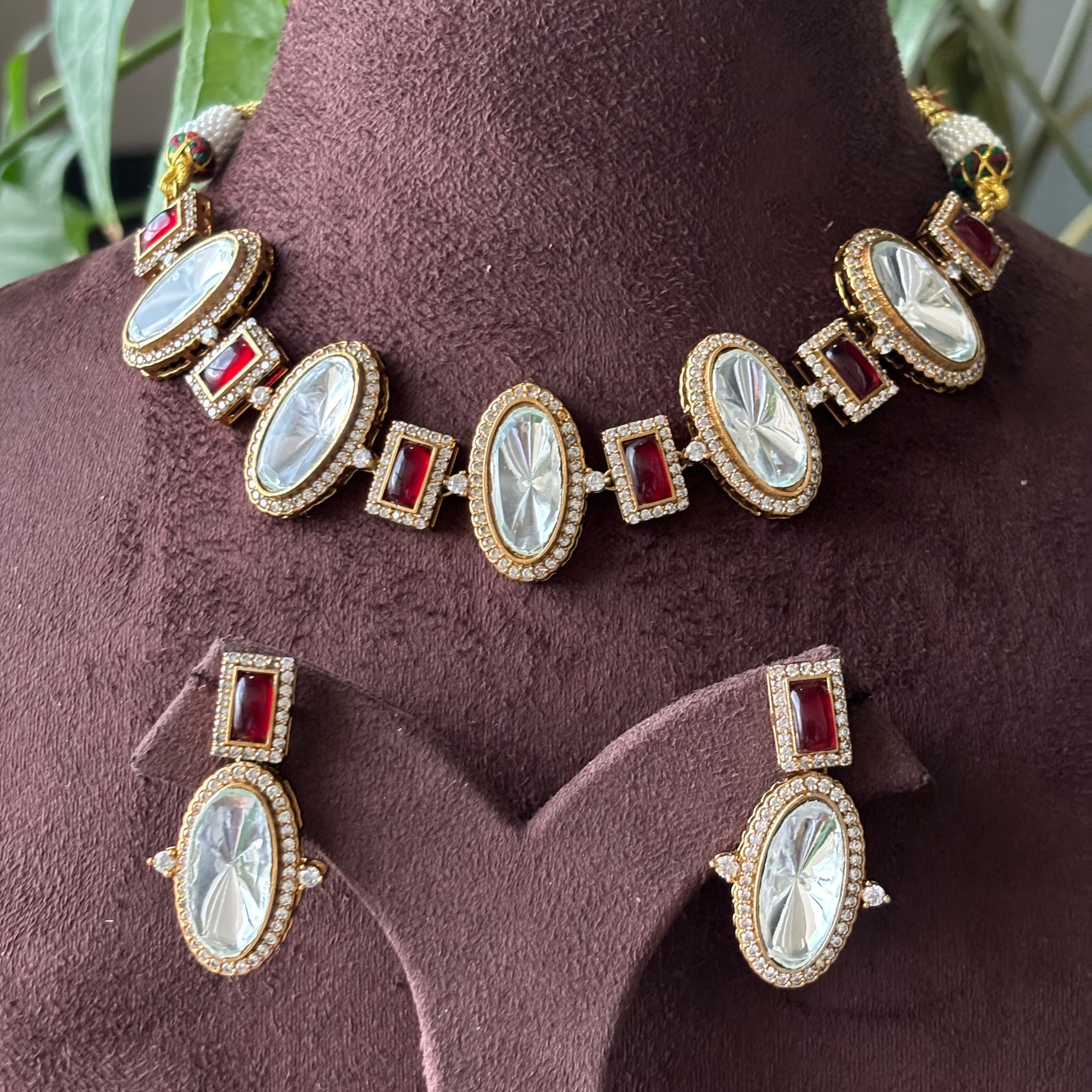 Uncut polki kundan necklace set with white and red CZ stones and adjustable thread