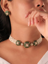Gold-Plated Kundan Polki Choker Set Pearl & Enamel Detailing
